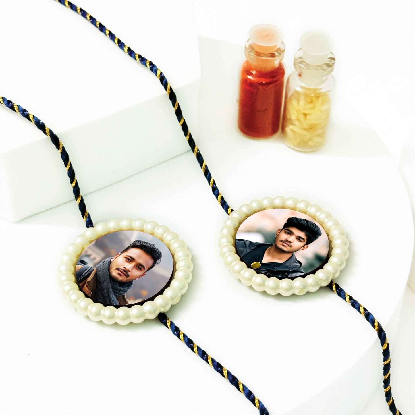 Customized Pearl Rakhi (Set of 2) with Chocolate Gift Combo