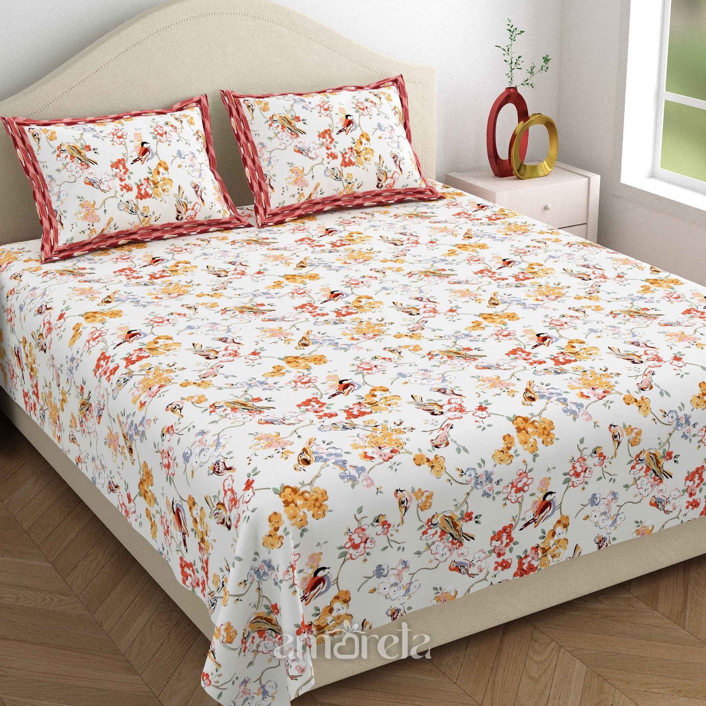 100% Pure Twill Cotton King Size Bed Sheet Set – Pink Floral & Birds Print on White Base (Set of 3)