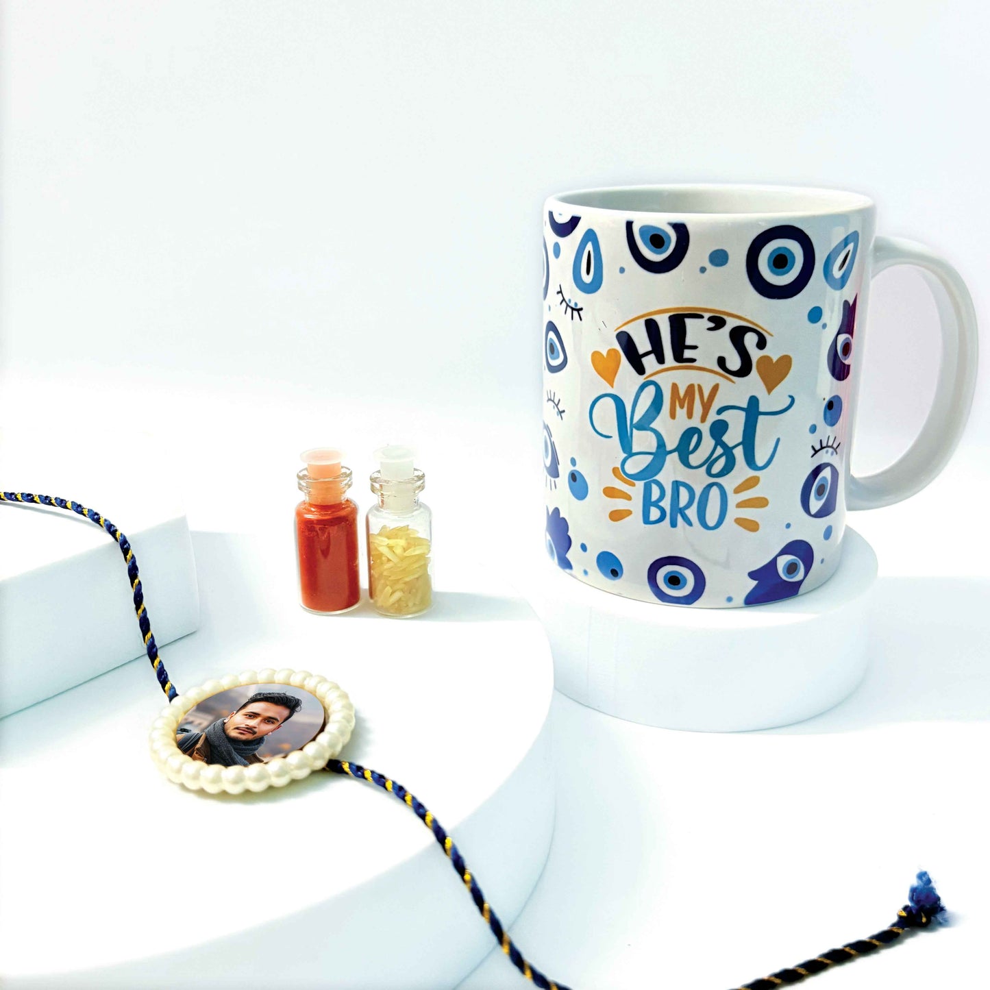 Personalized Pearl Rakhi with Evil Eye Coffee Mug – Rakshabandhan Gift Combo