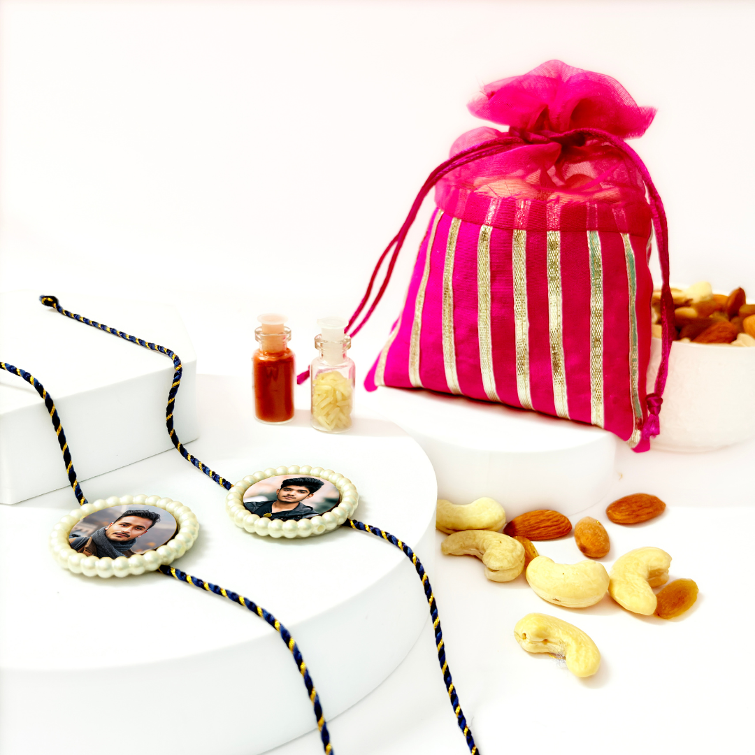 Personalized Pearl Rakhi (Set of 2) with Assorted Dry Fruits – Rakshabandhan Gift Combo