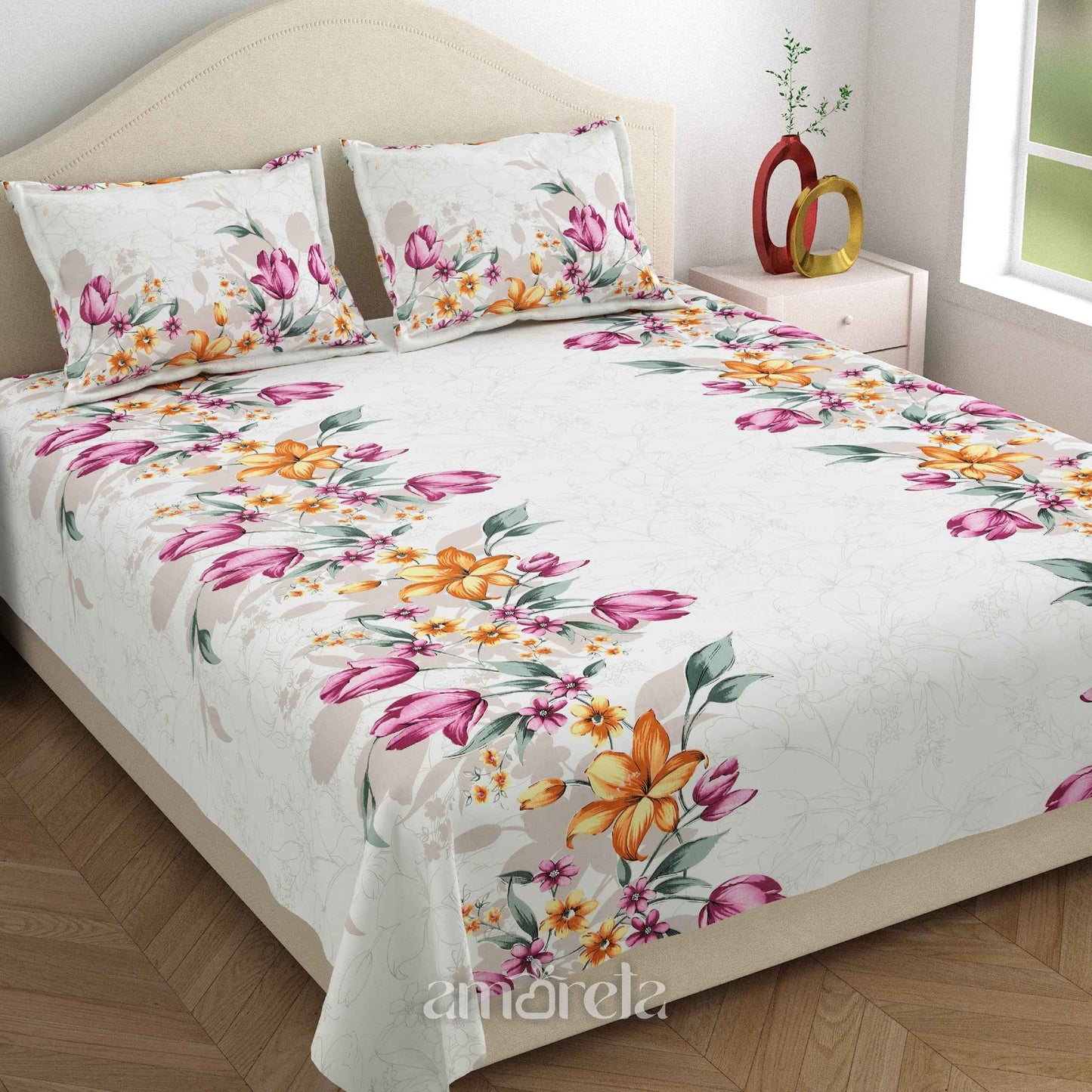 King Size Bed Sheet Set – 100% Pure Twill Cotton with Hand-Painted Style Floral Print (Set of 3)