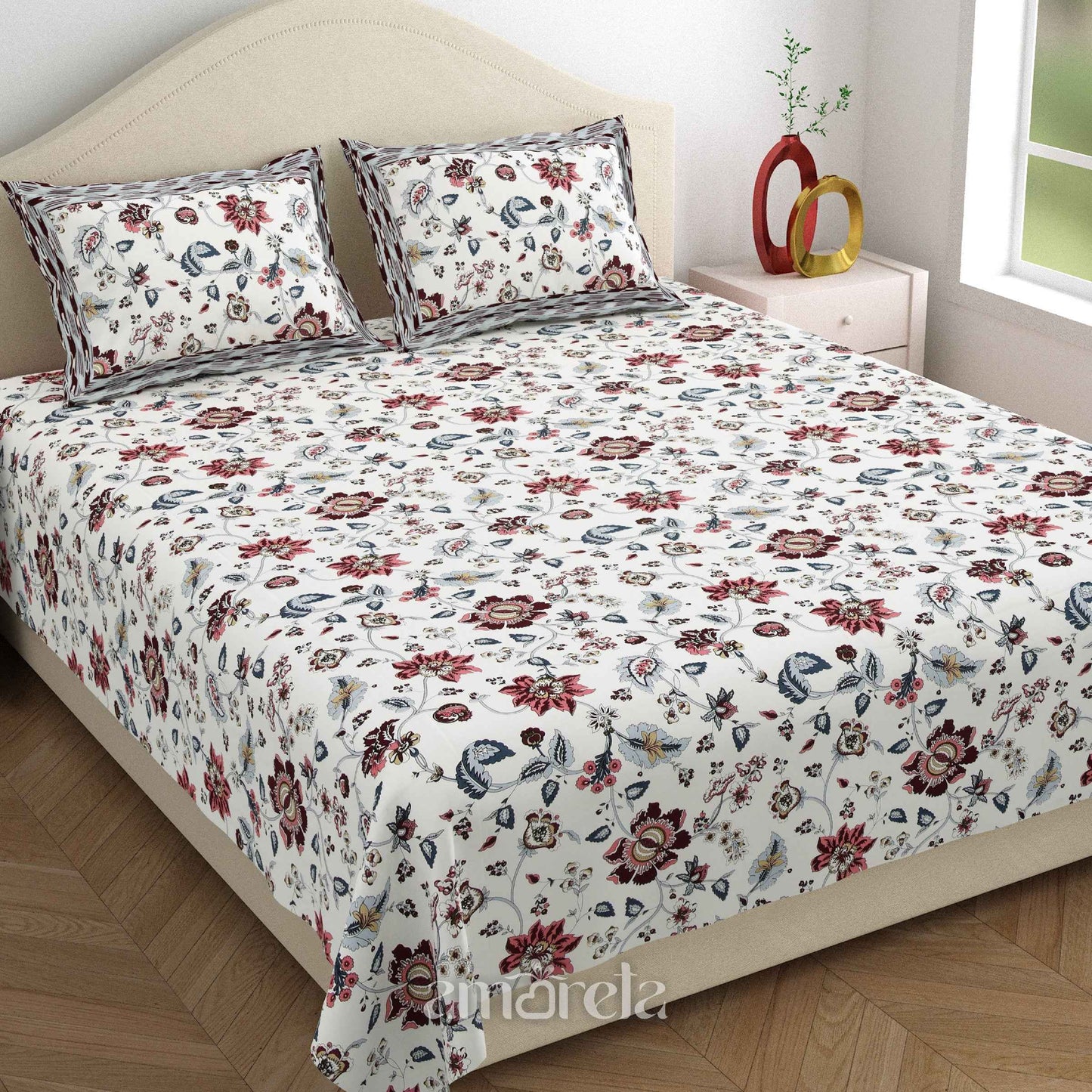 King Size Bed Sheet Set – 100% Pure Twill Cotton with Floral Print on White Base (Set of 3)