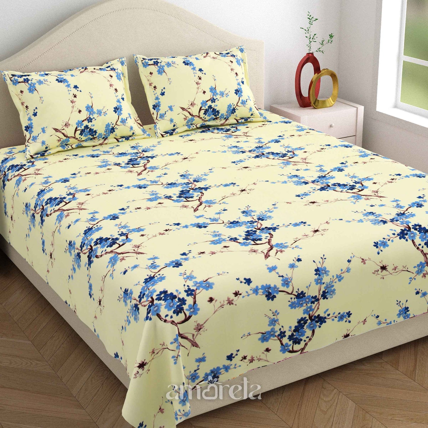 King Size Bed Sheet Set – 100% Pure Twill Cotton with Floral Print in Light Yellow (Set of 3)
