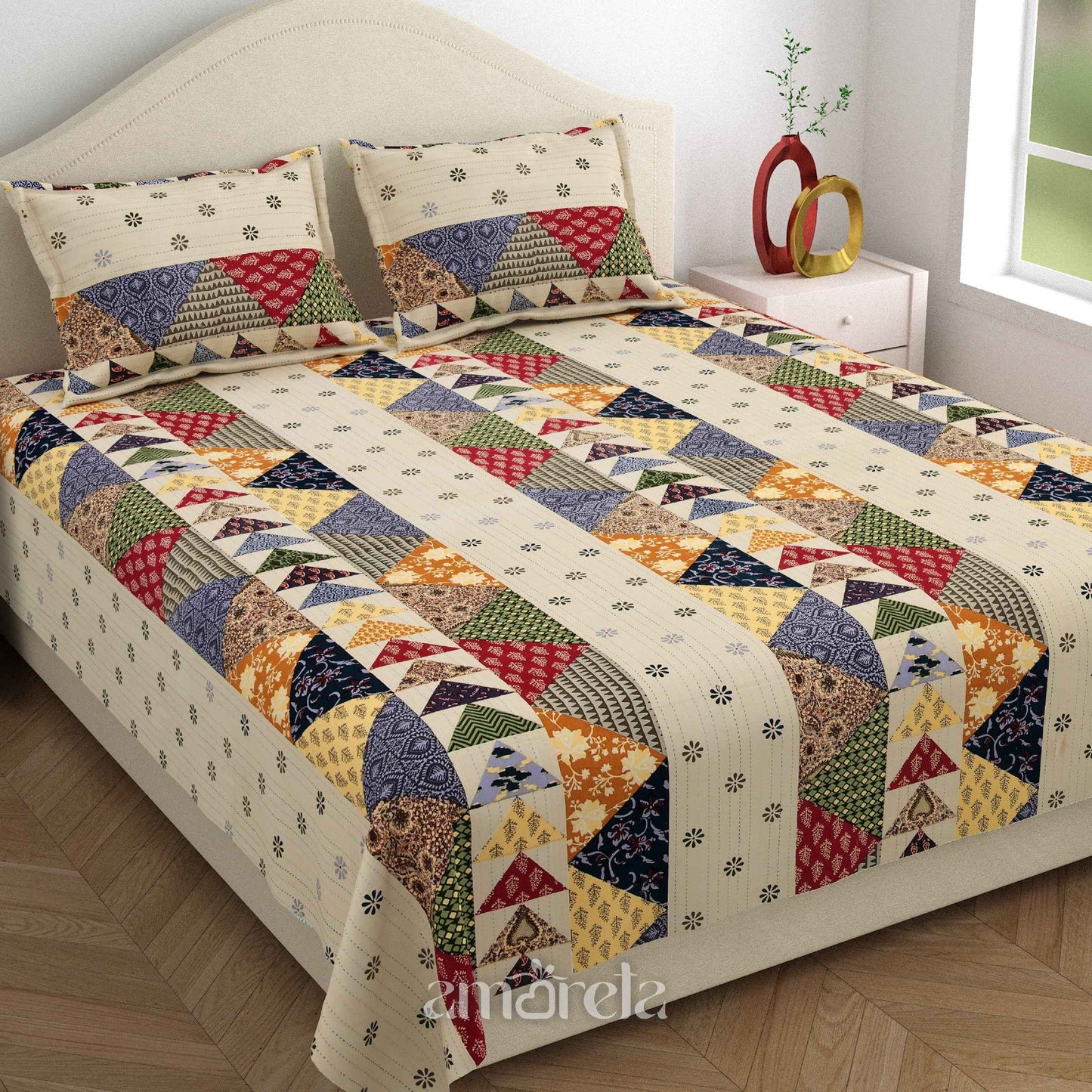 King Size Bed Sheet Set – 100% Pure Twill Cotton with Barmeri Patchwork Pastel Print (Set of 3)