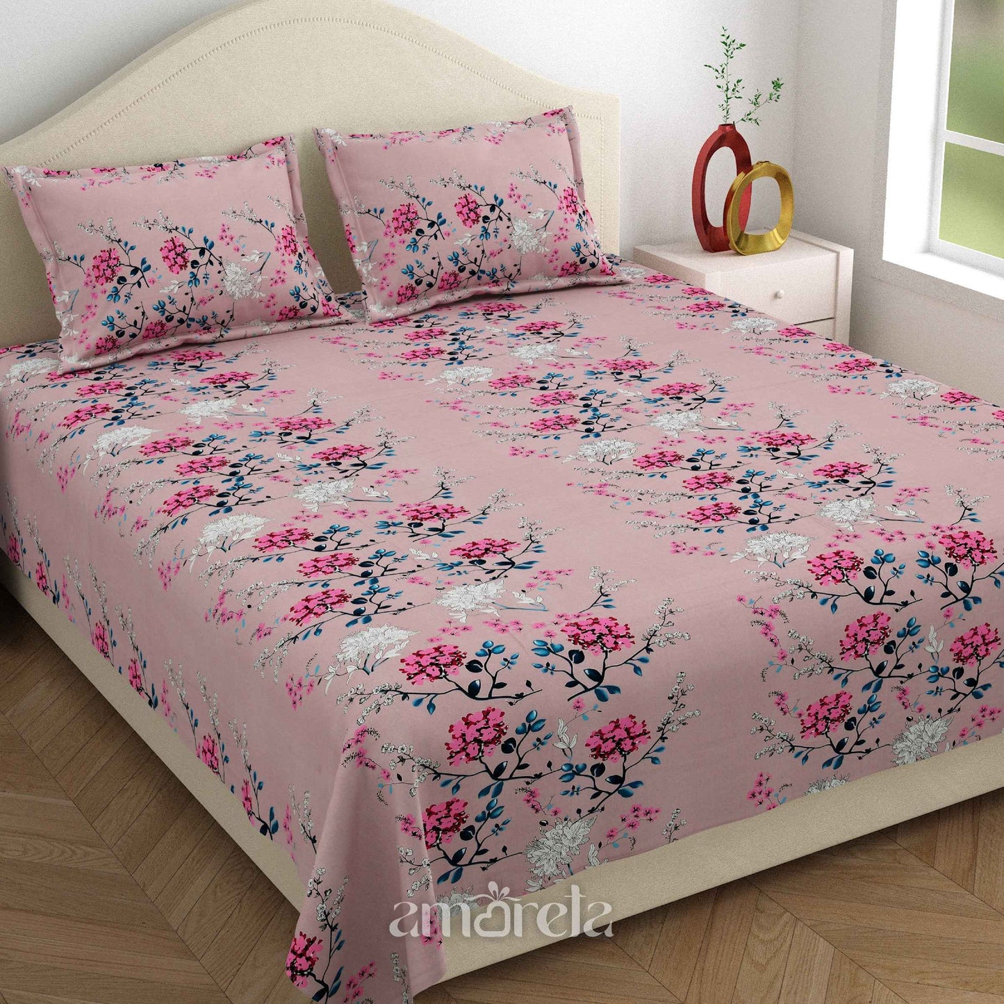 King Size Bed Sheet Set – 100% Pure Twill Cotton with Floral Print (Set of 3)