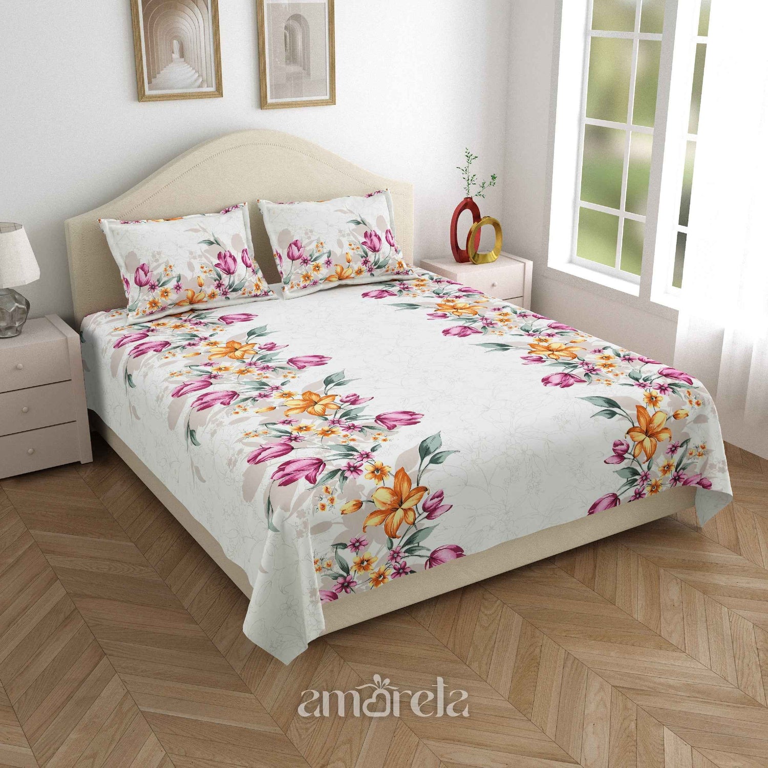 King Size Bed Sheet Set – 100% Pure Twill Cotton with Hand-Painted Style Floral Print (Set of 3)