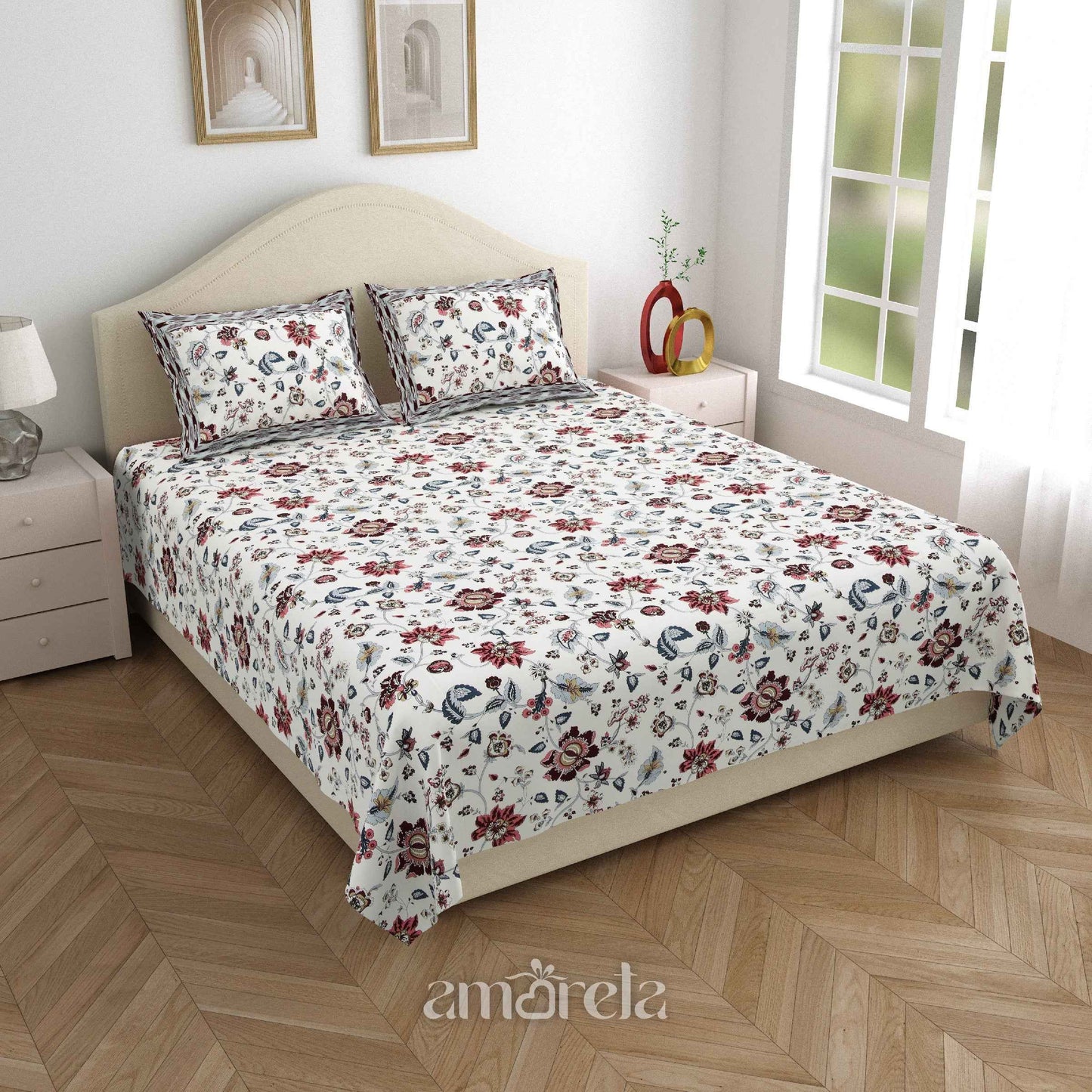 King Size Bed Sheet Set – 100% Pure Twill Cotton with Floral Print on White Base (Set of 3)