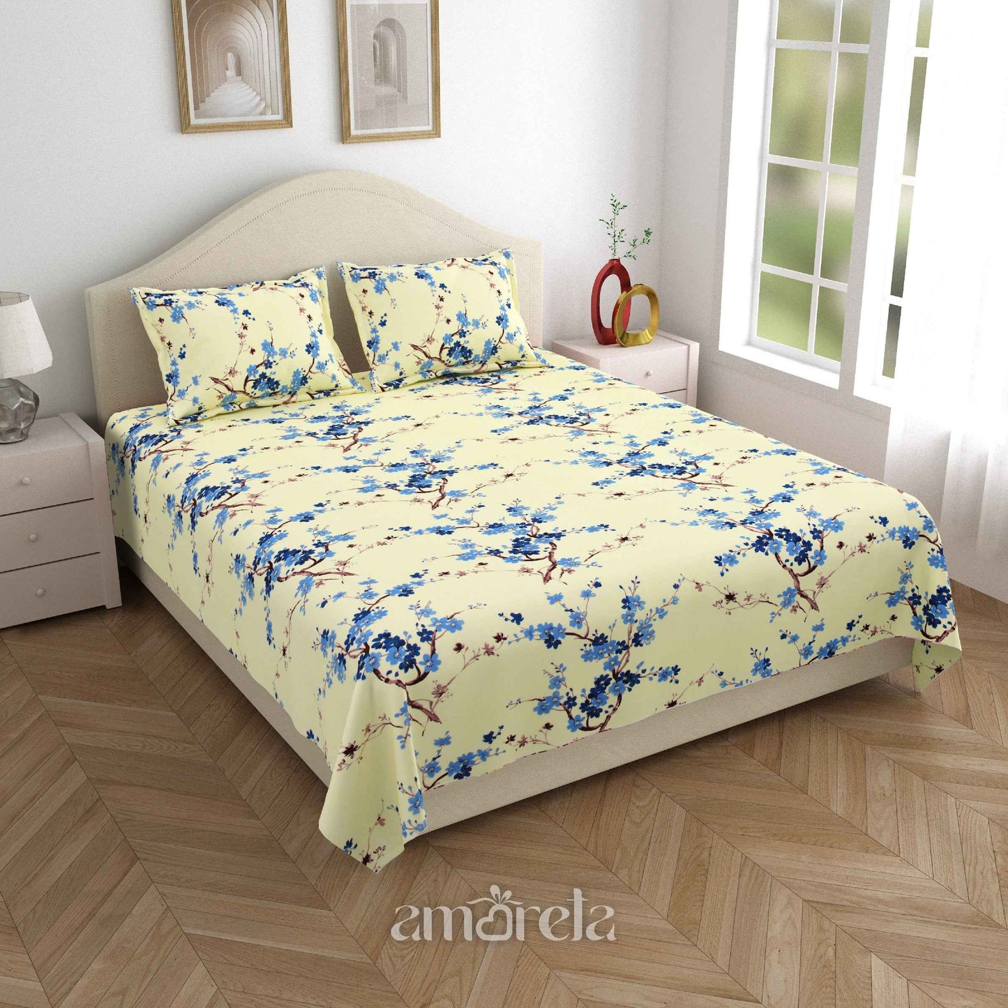 King Size Bed Sheet Set – 100% Pure Twill Cotton with Floral Print in Light Yellow (Set of 3)