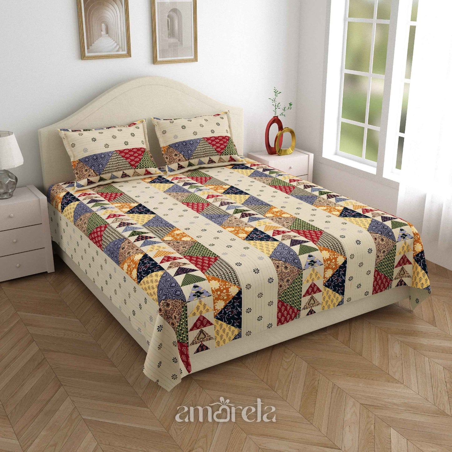 King Size Bed Sheet Set – 100% Pure Twill Cotton with Barmeri Patchwork Pastel Print (Set of 3)