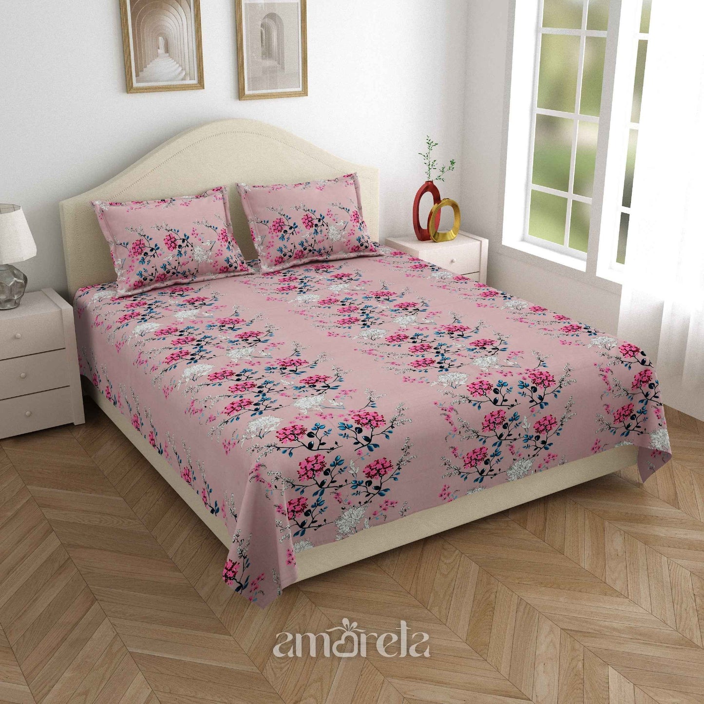 King Size Bed Sheet Set – 100% Pure Twill Cotton with Floral Print (Set of 3)