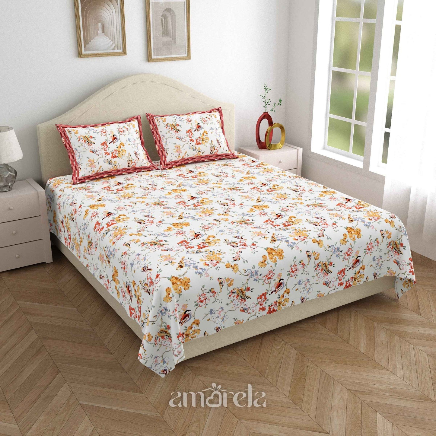 100% Pure Twill Cotton King Size Bed Sheet Set – Pink Floral & Birds Print on White Base (Set of 3)