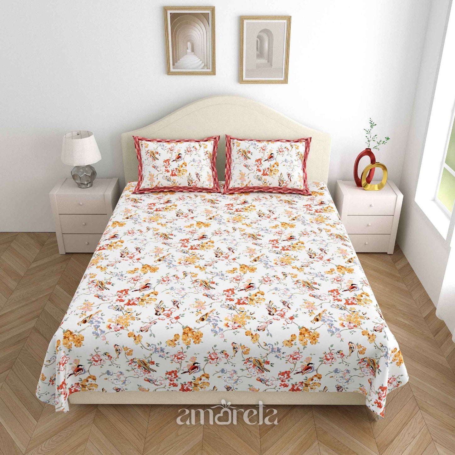 100% Pure Twill Cotton King Size Bed Sheet Set – Pink Floral & Birds Print on White Base (Set of 3)