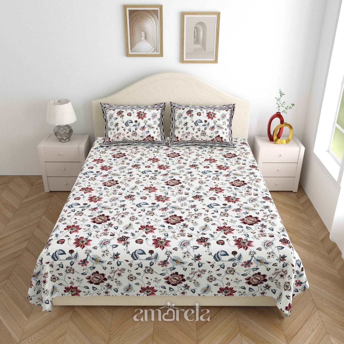 King Size Bed Sheet Set – 100% Pure Twill Cotton with Floral Print on White Base (Set of 3)