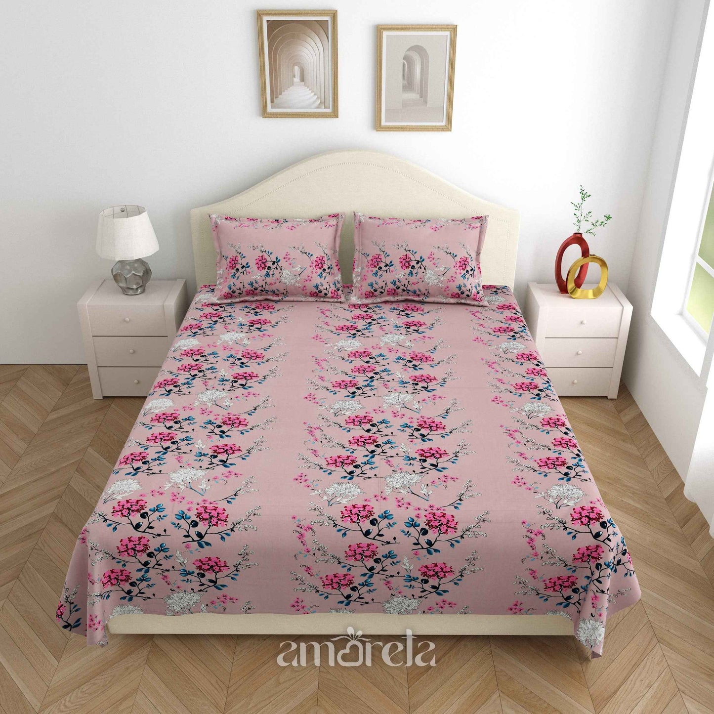 King Size Bed Sheet Set – 100% Pure Twill Cotton with Floral Print (Set of 3)