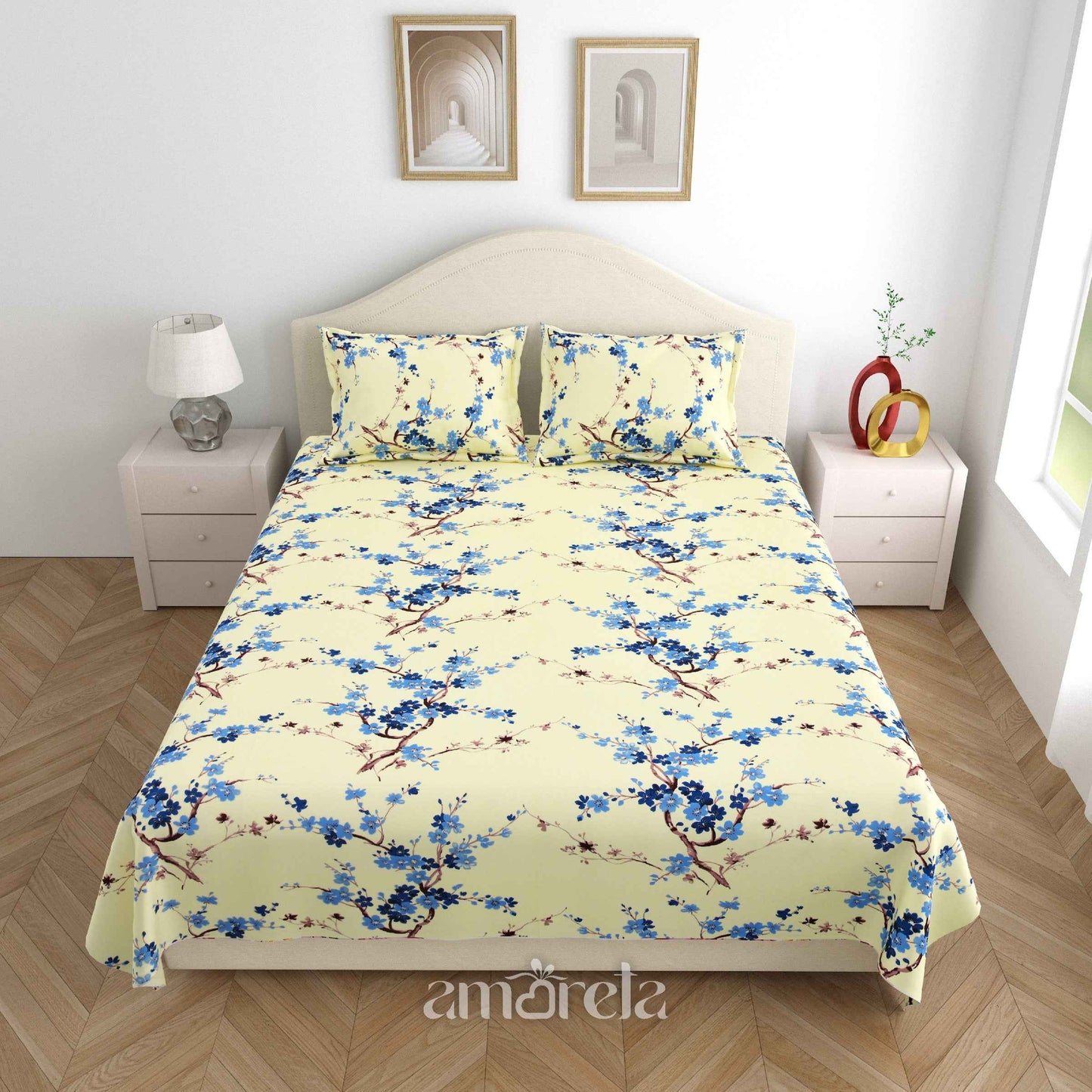 King Size Bed Sheet Set – 100% Pure Twill Cotton with Floral Print in Light Yellow (Set of 3)