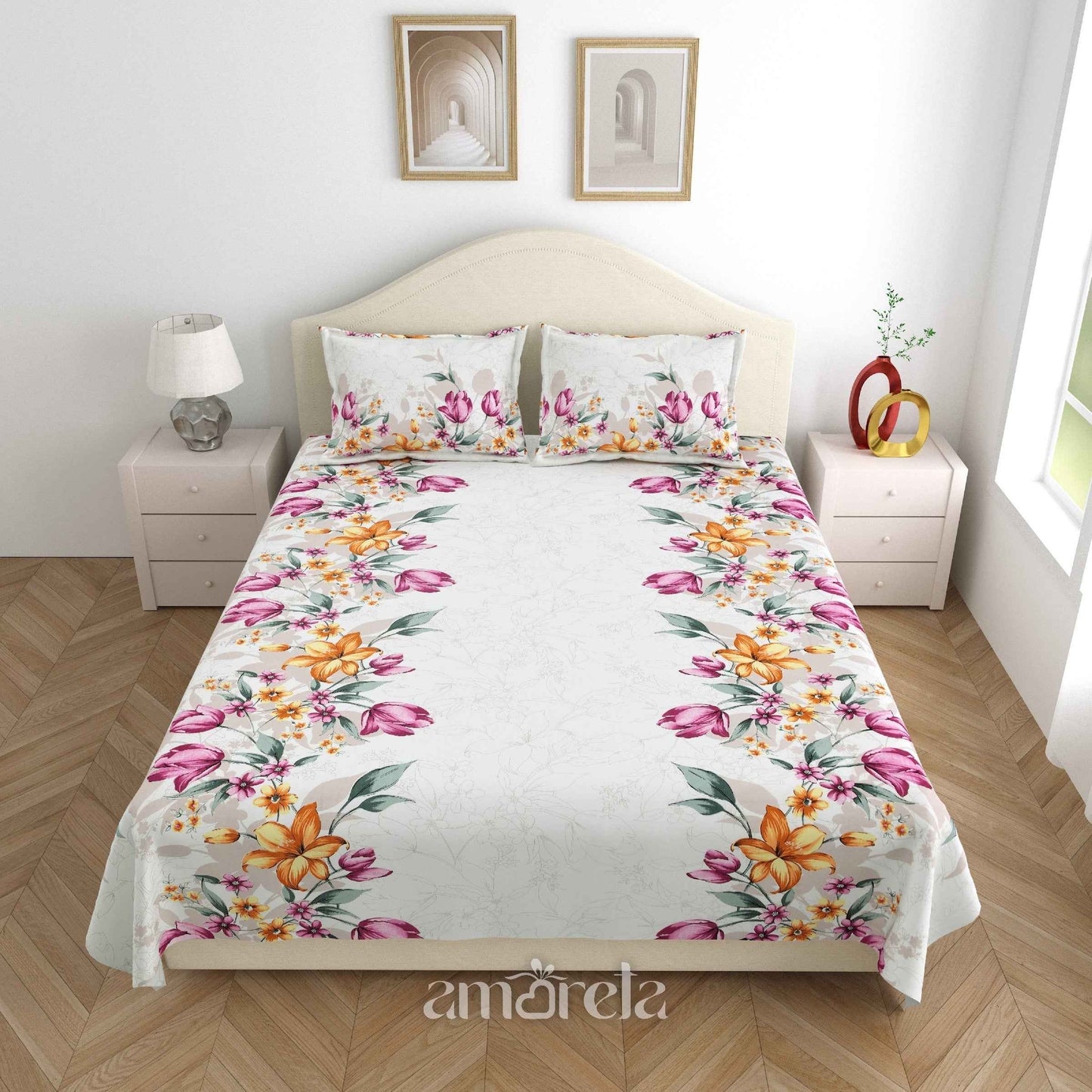 King Size Bed Sheet Set – 100% Pure Twill Cotton with Hand-Painted Style Floral Print (Set of 3)