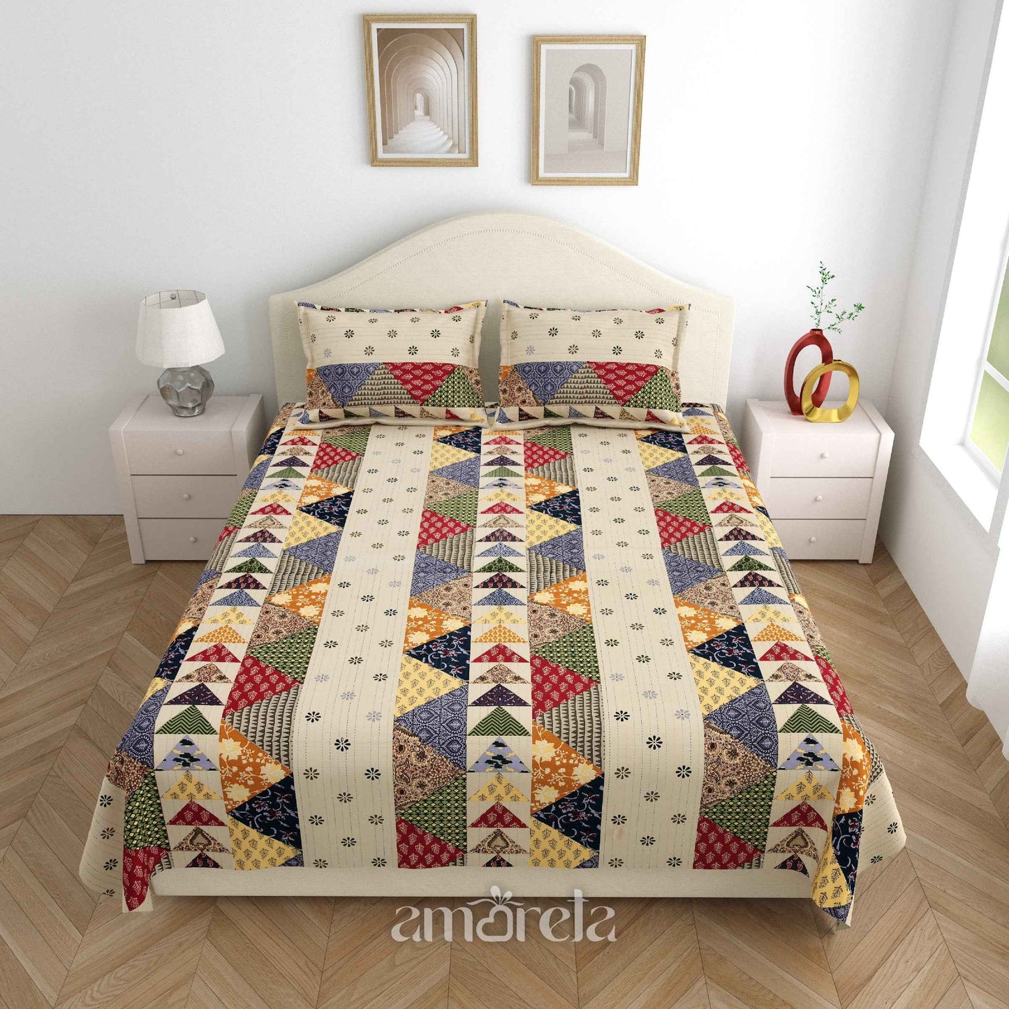 King Size Bed Sheet Set – 100% Pure Twill Cotton with Barmeri Patchwork Pastel Print (Set of 3)