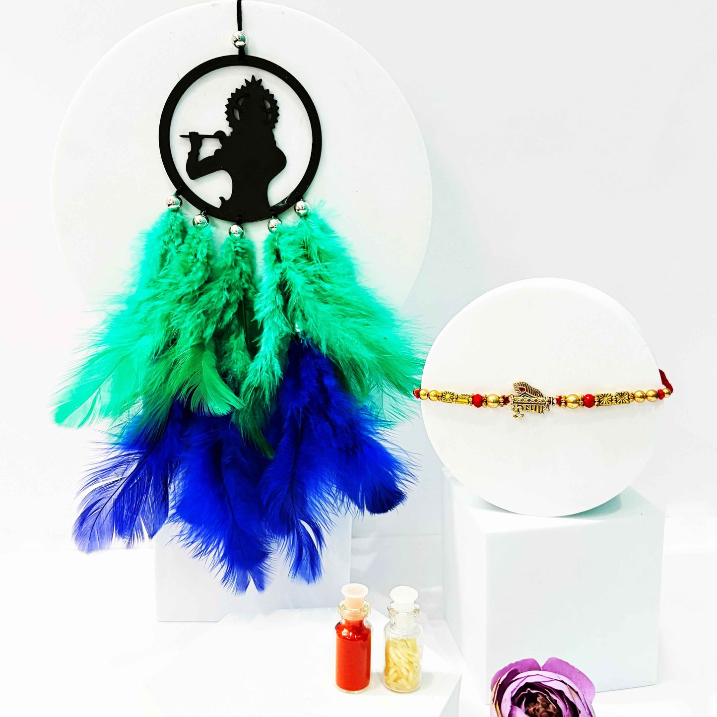 Krishna Theme Car Dream Catcher with Rakhi – Divine Rakshabandhan Combo
