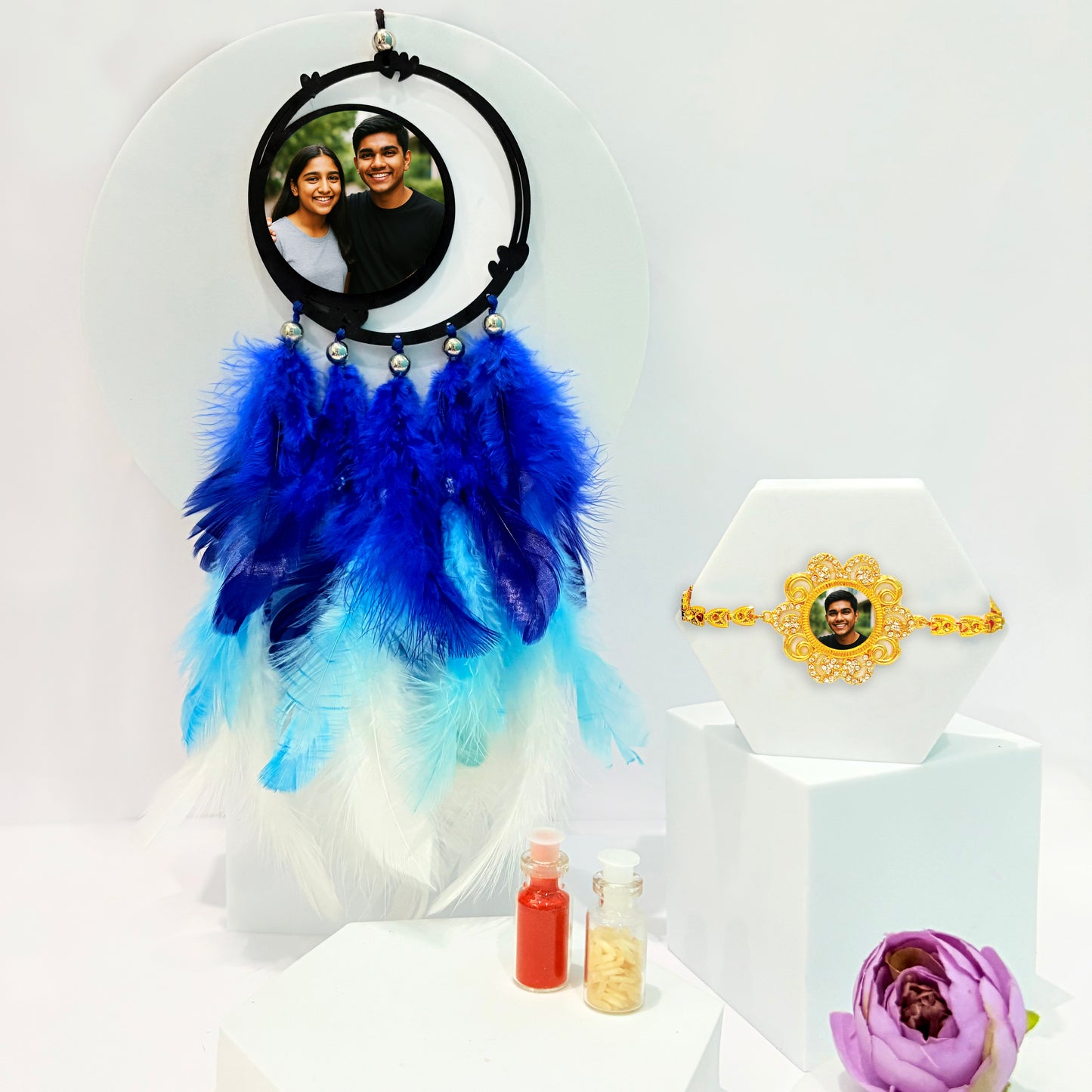 Customized Car Dream Catcher with Bracelet Photo Rakhi – Personalized Rakhi Gift Hamper for Raksha Bandhan