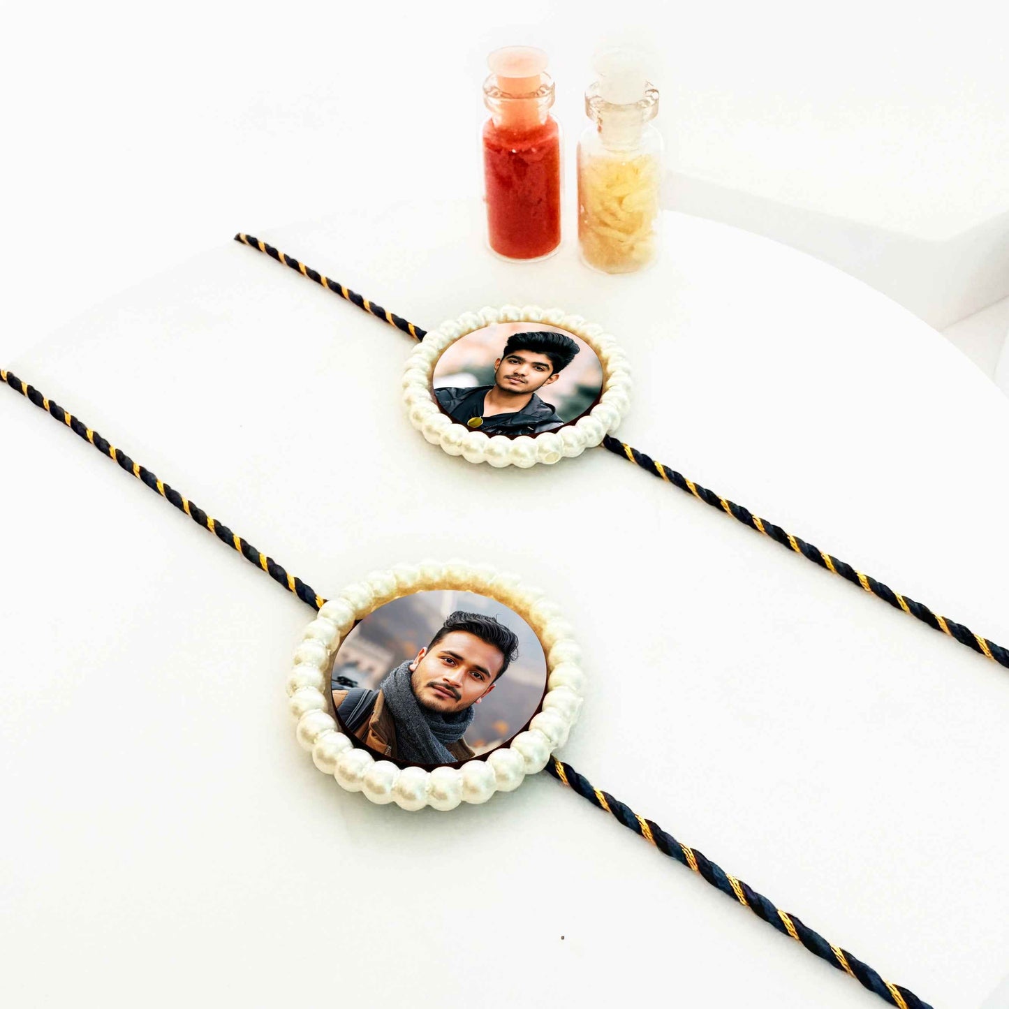 Personalized Pearl Rakhi (Set of 2) with Assorted Dry Fruits – Rakshabandhan Gift Combo