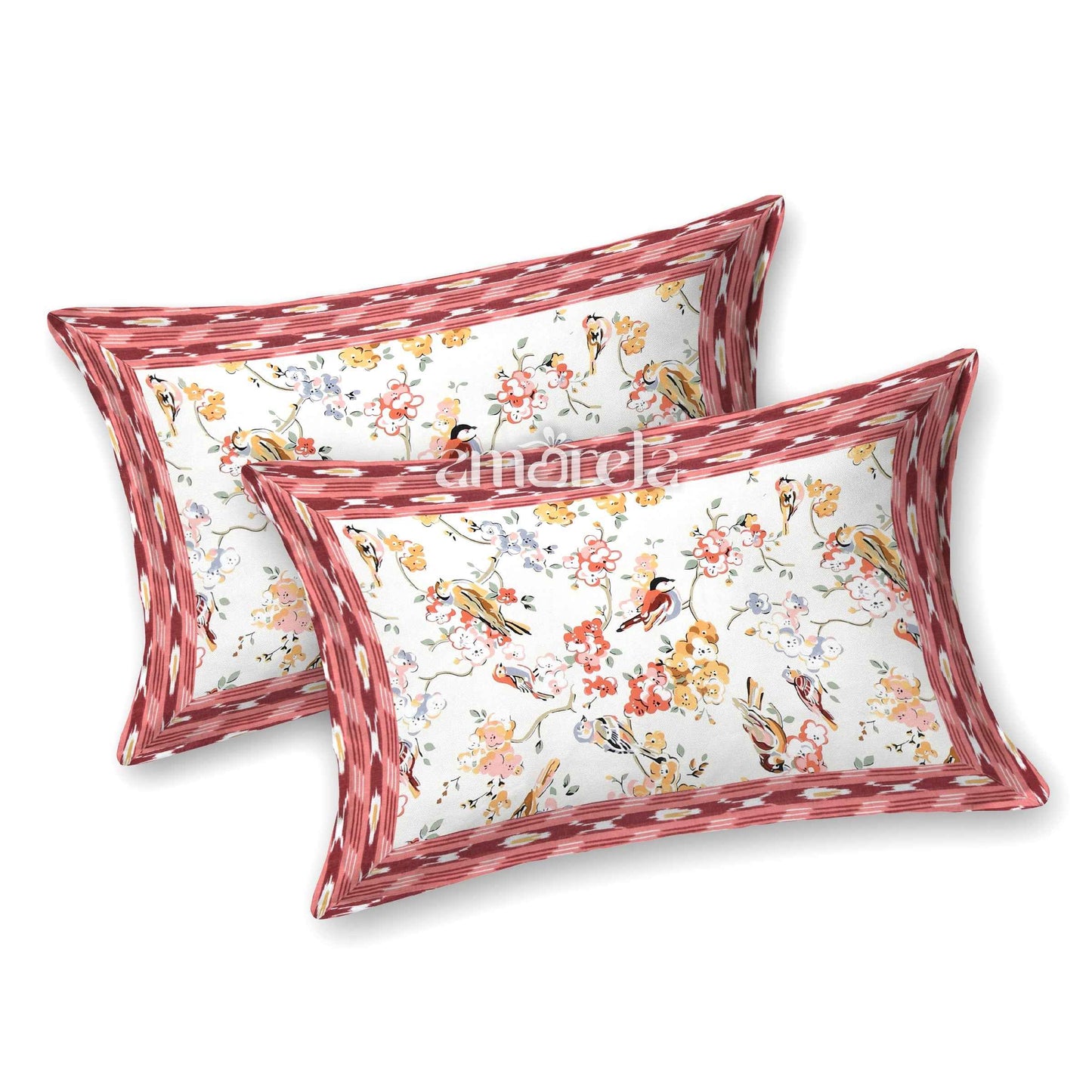 100% Pure Twill Cotton King Size Bed Sheet Set – Pink Floral & Birds Print on White Base (Set of 3)