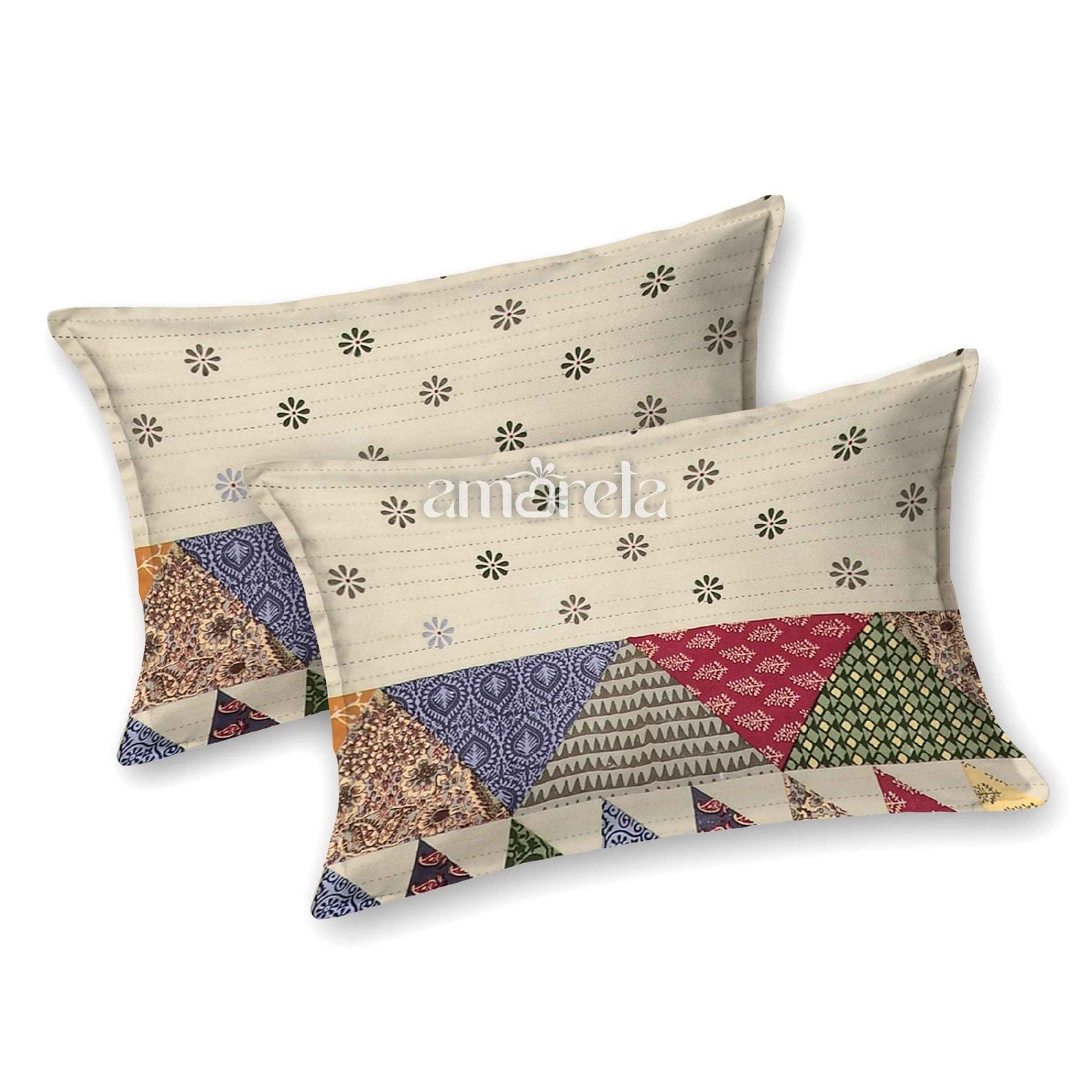 King Size Bed Sheet Set – 100% Pure Twill Cotton with Barmeri Patchwork Pastel Print (Set of 3)