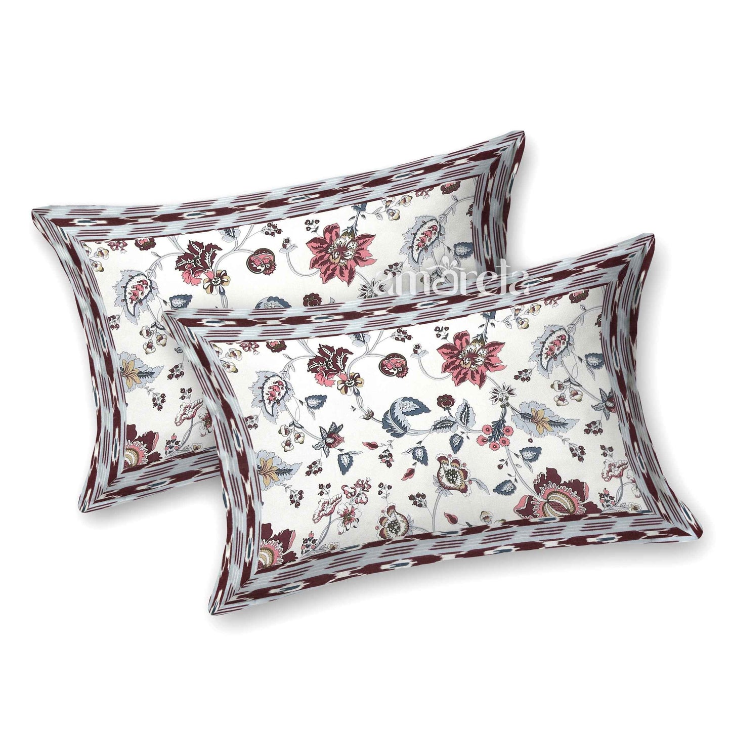 King Size Bed Sheet Set – 100% Pure Twill Cotton with Floral Print on White Base (Set of 3)