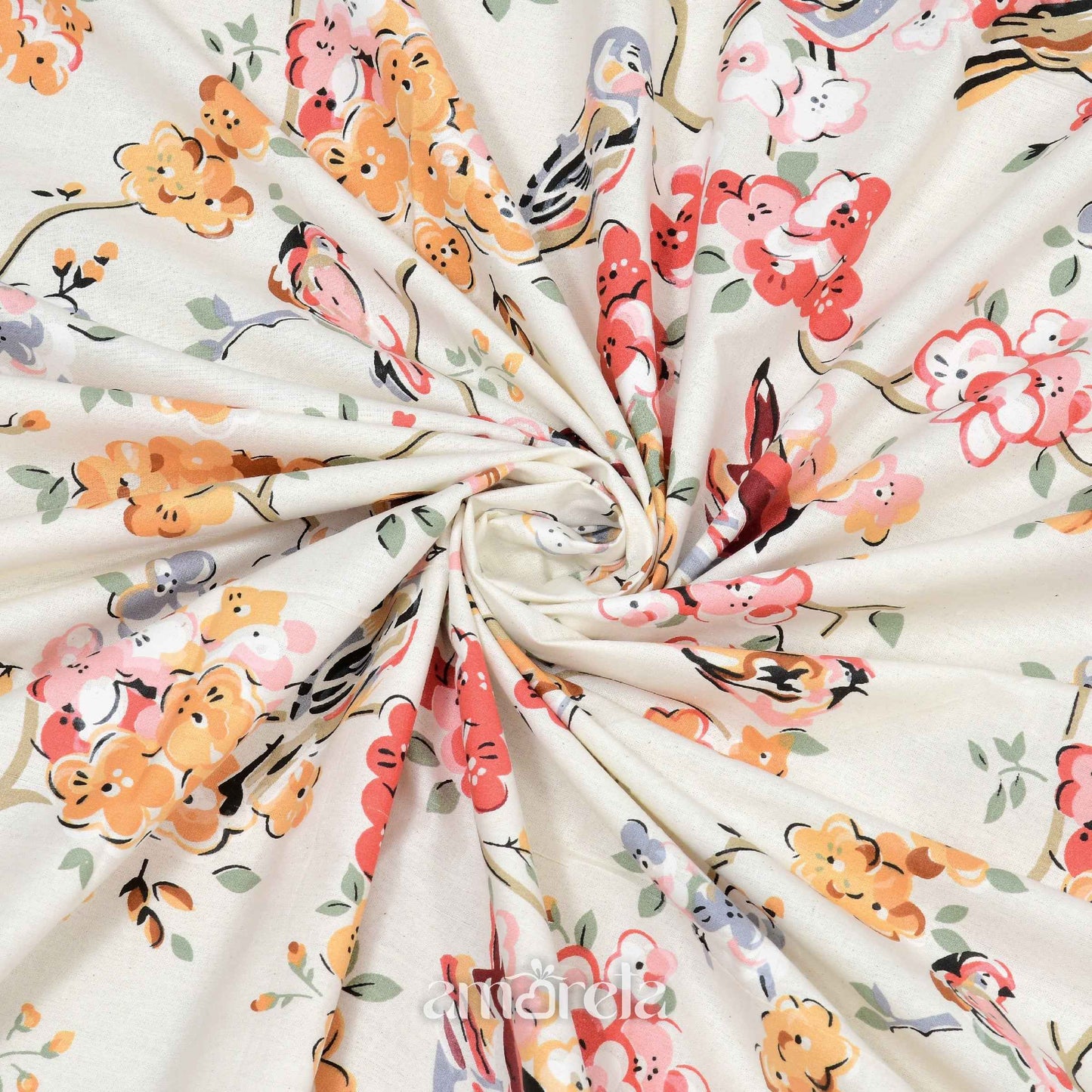100% Pure Twill Cotton King Size Bed Sheet Set – Pink Floral & Birds Print on White Base (Set of 3)