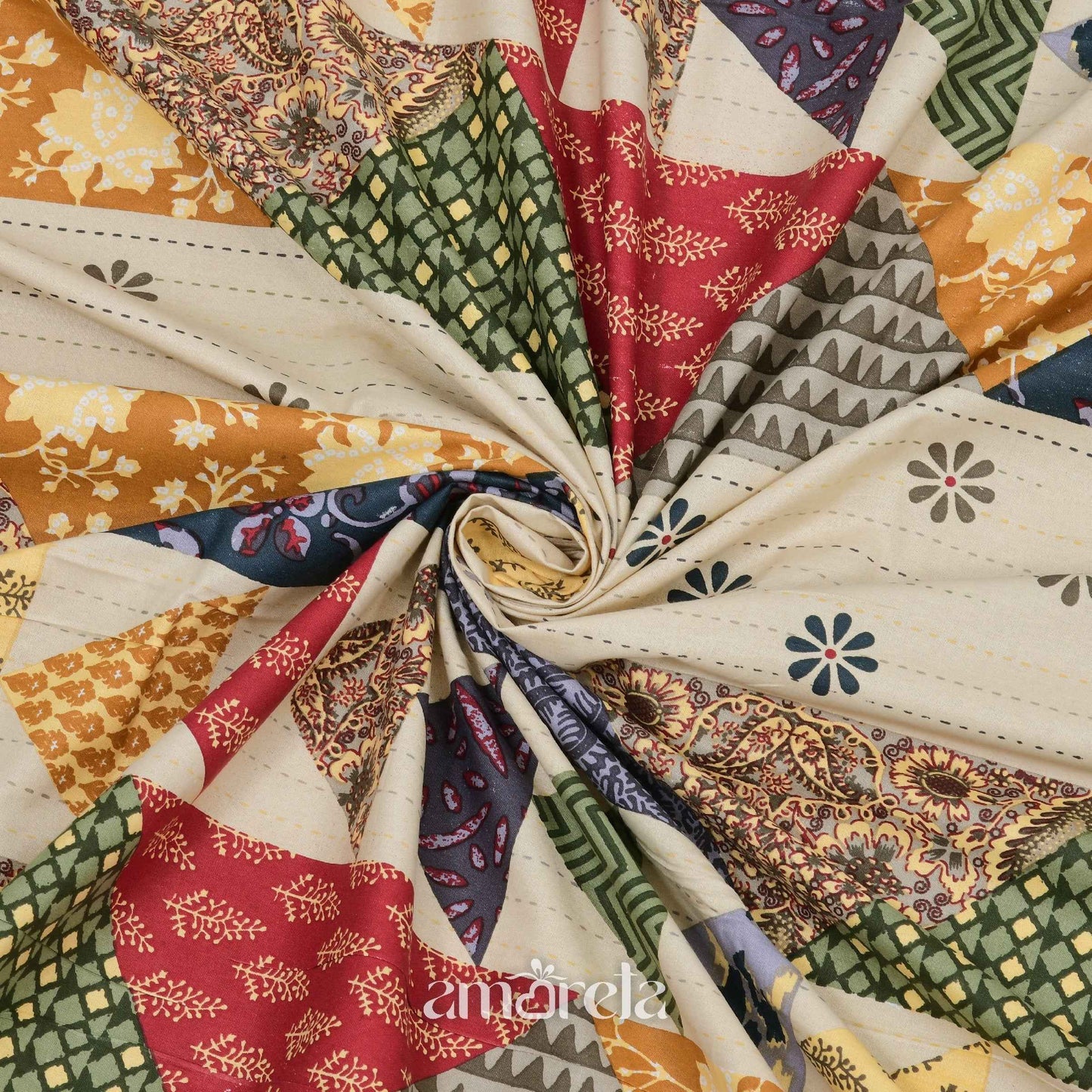 King Size Bed Sheet Set – 100% Pure Twill Cotton with Barmeri Patchwork Pastel Print (Set of 3)