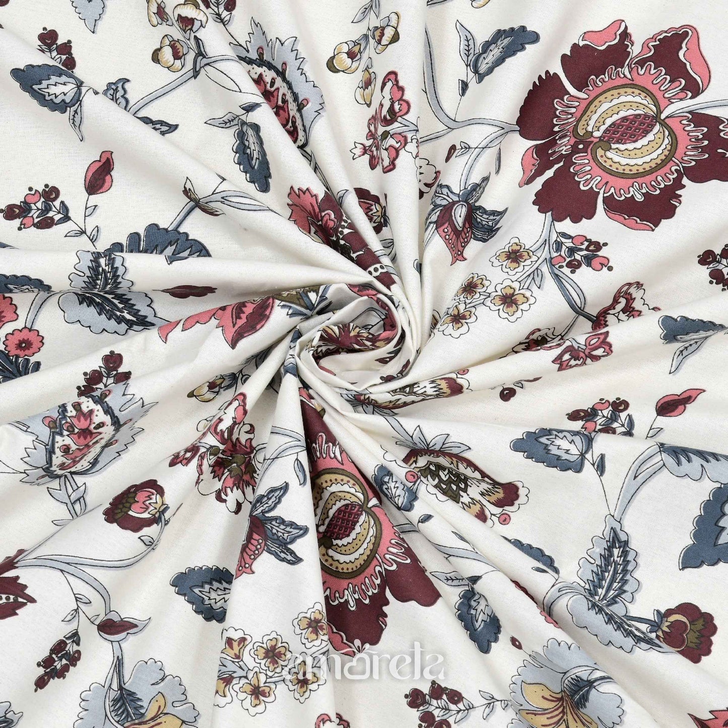 King Size Bed Sheet Set – 100% Pure Twill Cotton with Floral Print on White Base (Set of 3)