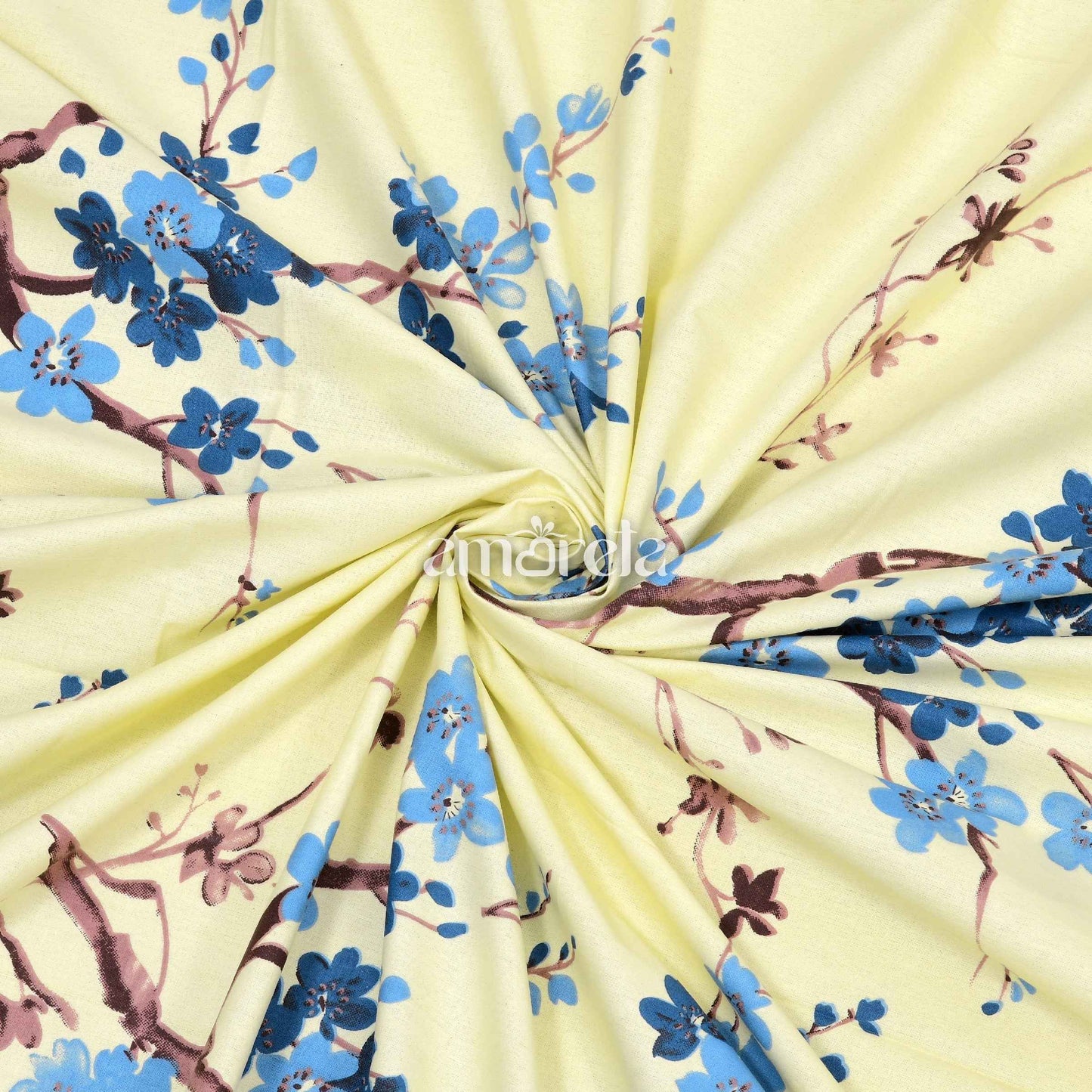 King Size Bed Sheet Set – 100% Pure Twill Cotton with Floral Print in Light Yellow (Set of 3)