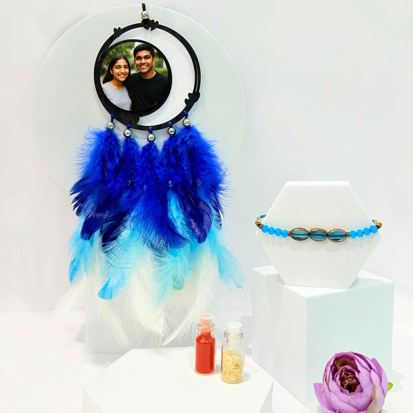 Customized Car Dream Catcher with Evil Eye Rakhi – Personalized Gift Combo