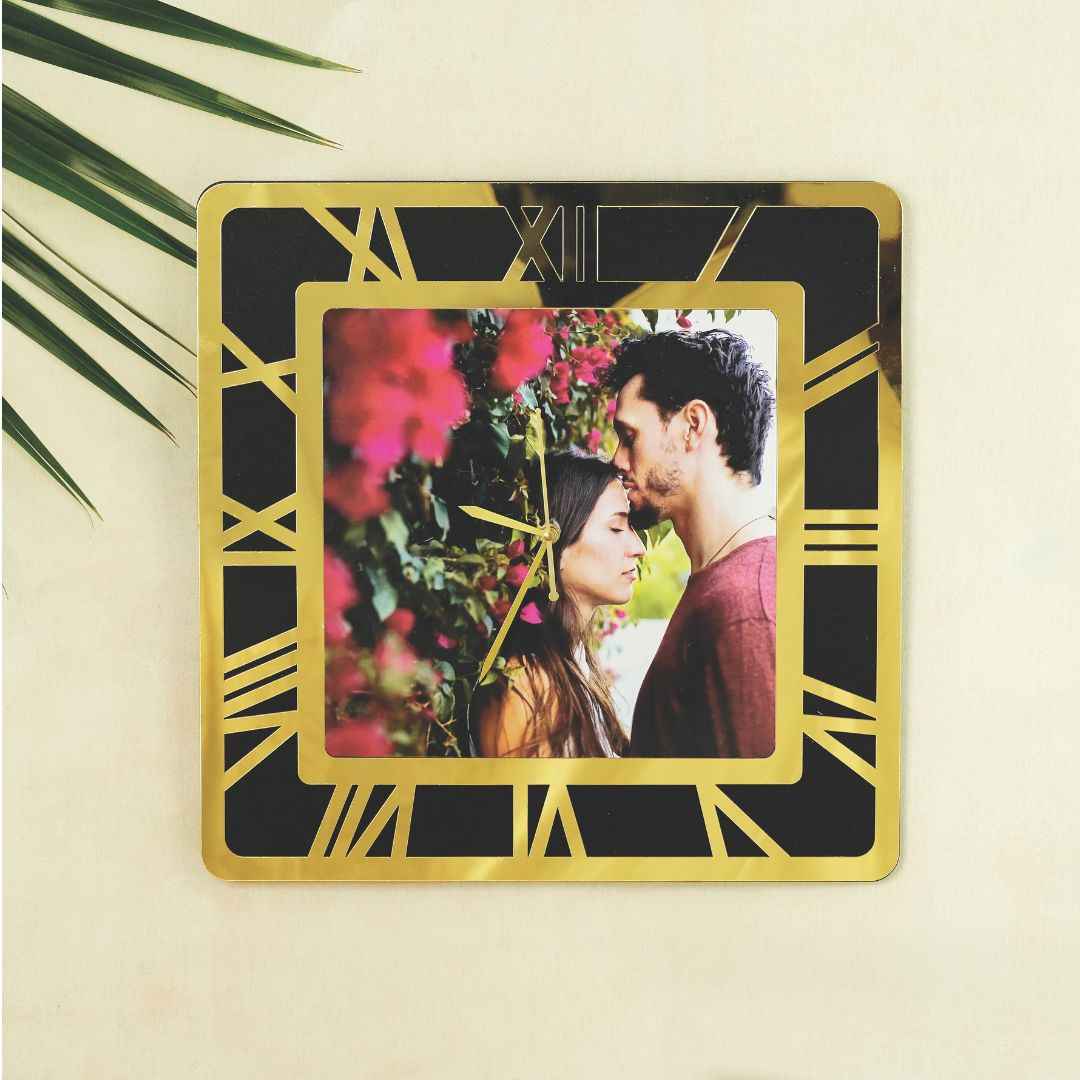 Large Personalized Designer Wall Clock with Golden Mirror Finish – Custom 15x15 Inch Clock with Your Photo & Text