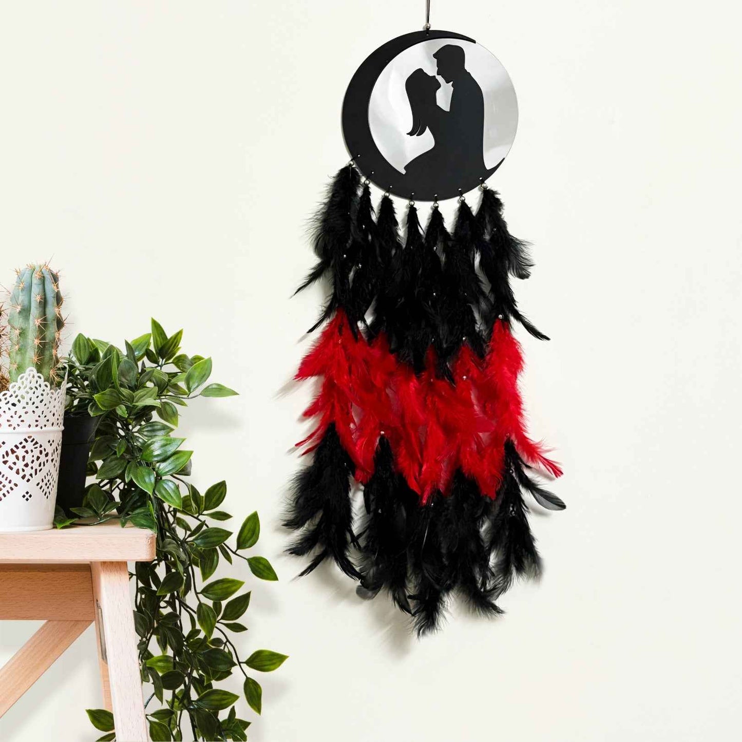 Moonlit Couple Big Dream Catcher with Silver Mirror & Red-Black Feathers