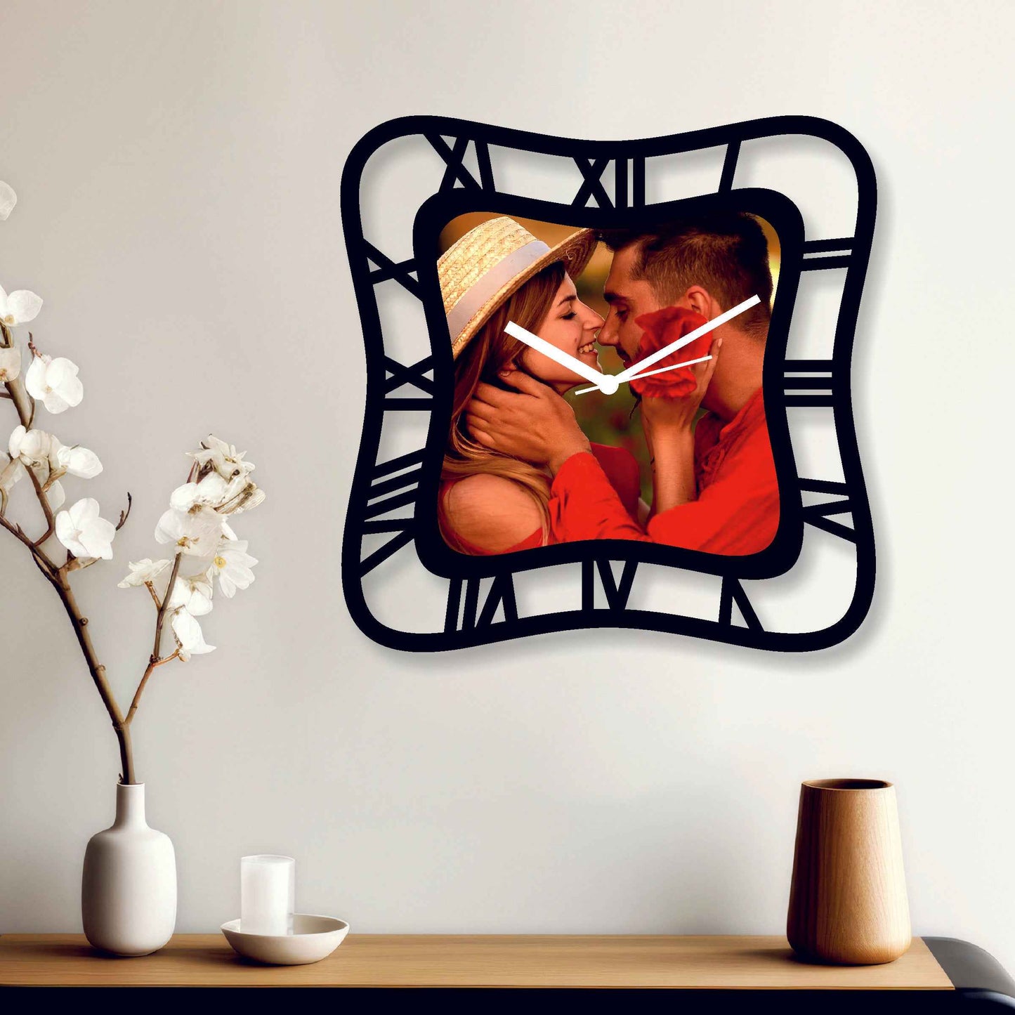 Large Personalized Curved Designer Wall Clock – Custom 15x15 Inch Clock with Your Photo & Text