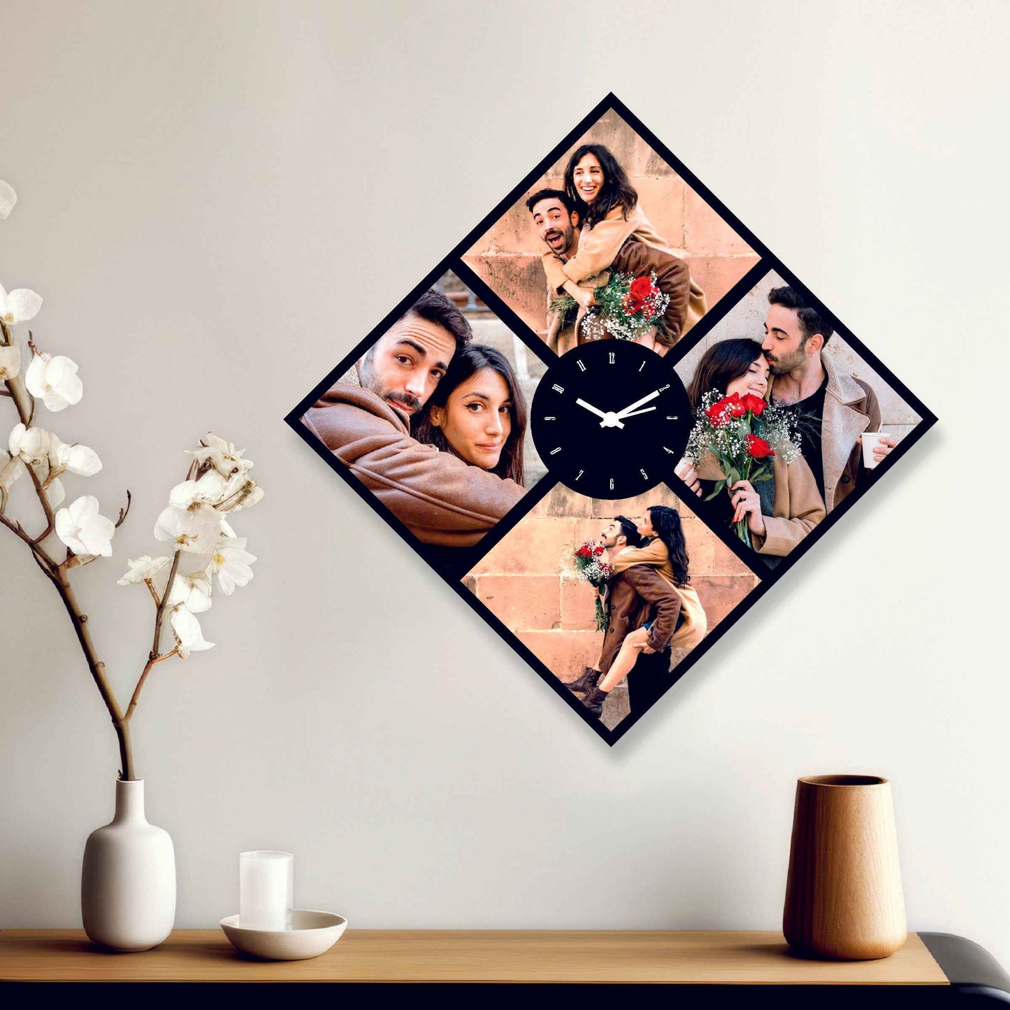Diamond-Shaped Designer Wall Clock – Personalized with Your Precious Moments - Amoreta