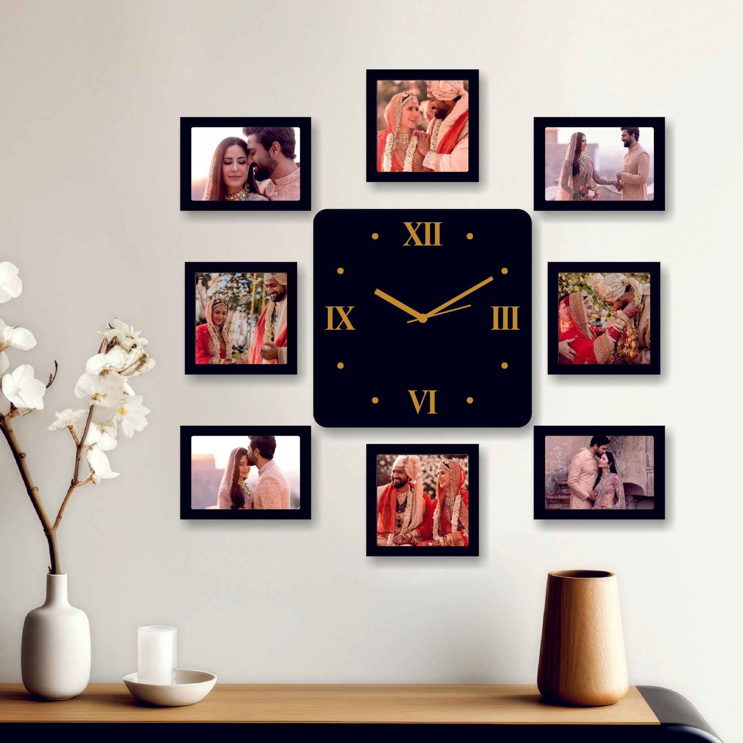 Large Personalized Designer Wall Clock – Custom 25x25 Inch Round Clock with 8 Photos & Text