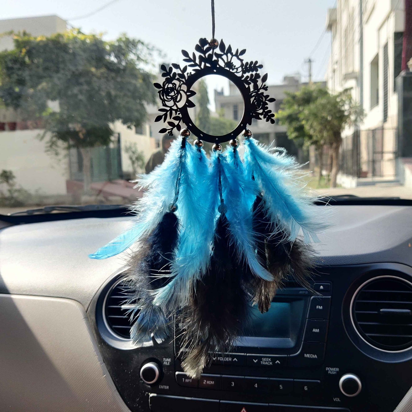 Floral Car Dream Catcher with Fragrance – Mother’s Day Gift, Blue & Black Feather Design
