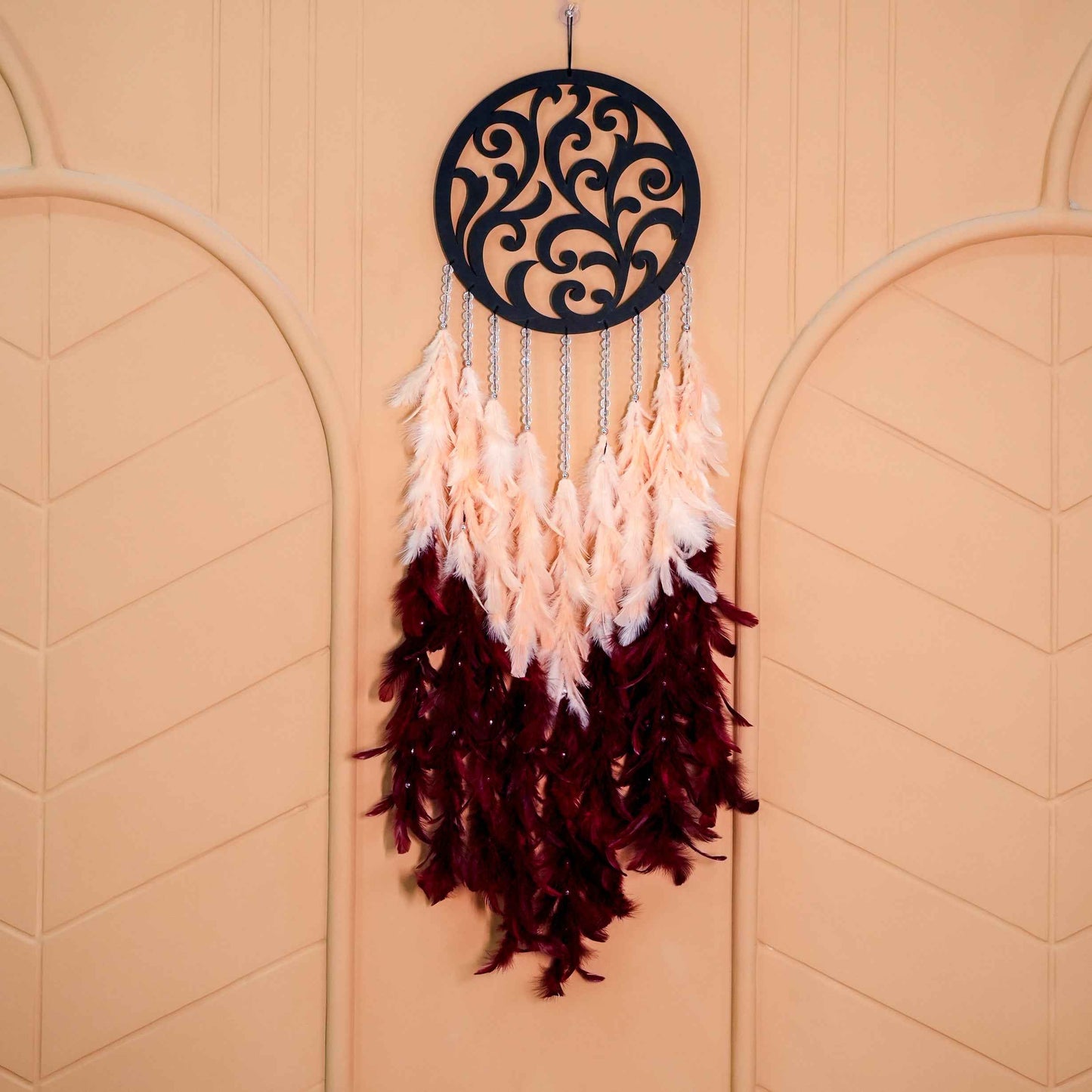 Designer Dream Catcher with Peach & Wine Feathers | Custom Wall Hanging for Mother’s Day or Home Décor