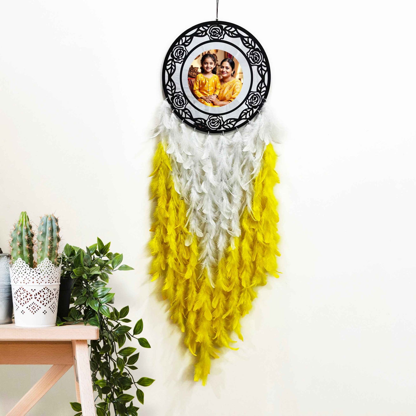 Yellow & White Floral Dream Catcher with Silver Mirror | Personalized Wall Hanging for Mother's Day