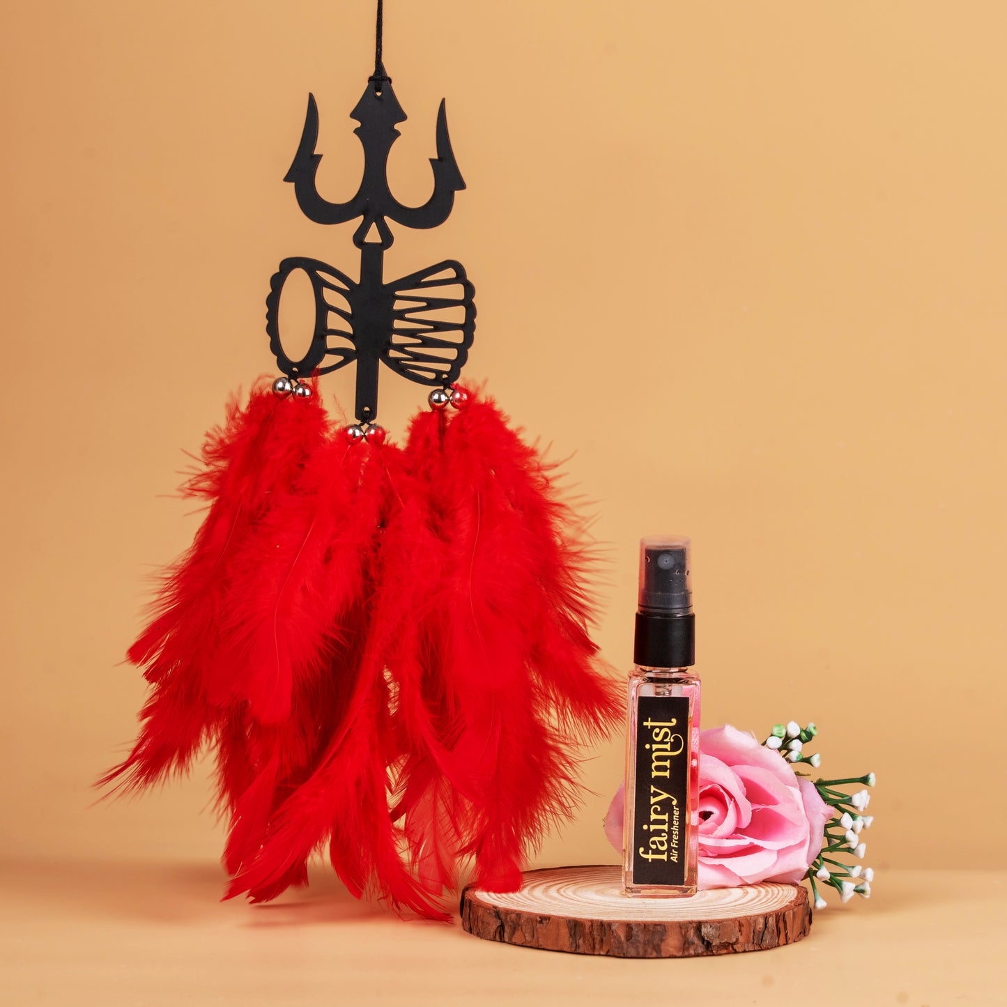Trishul Design Red Feather Car Dream Catcher with Air Freshener | Bold Spiritual Car Hanging