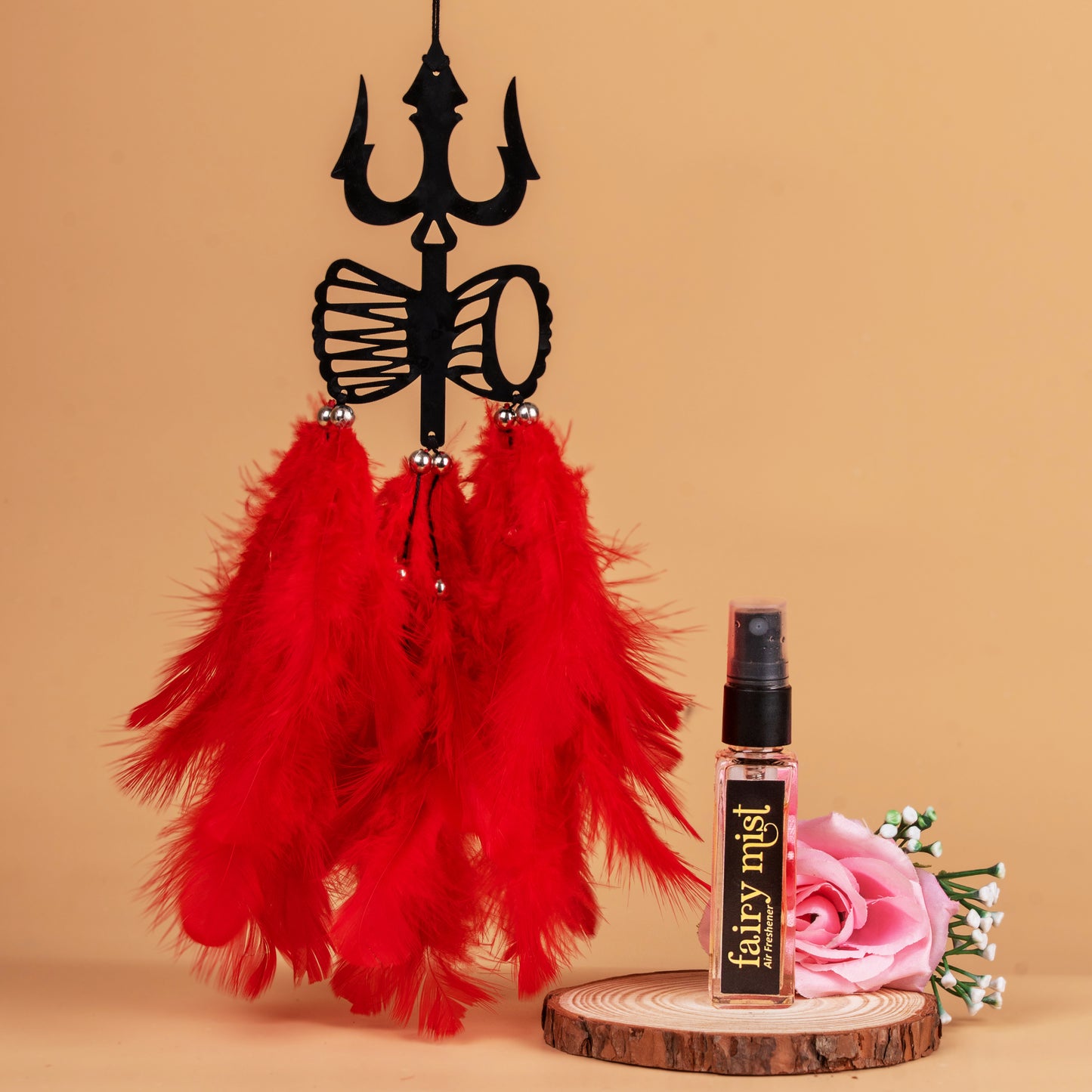 Trishul Design Red Feather Car Dream Catcher with Air Freshener | Bold Spiritual Car Hanging