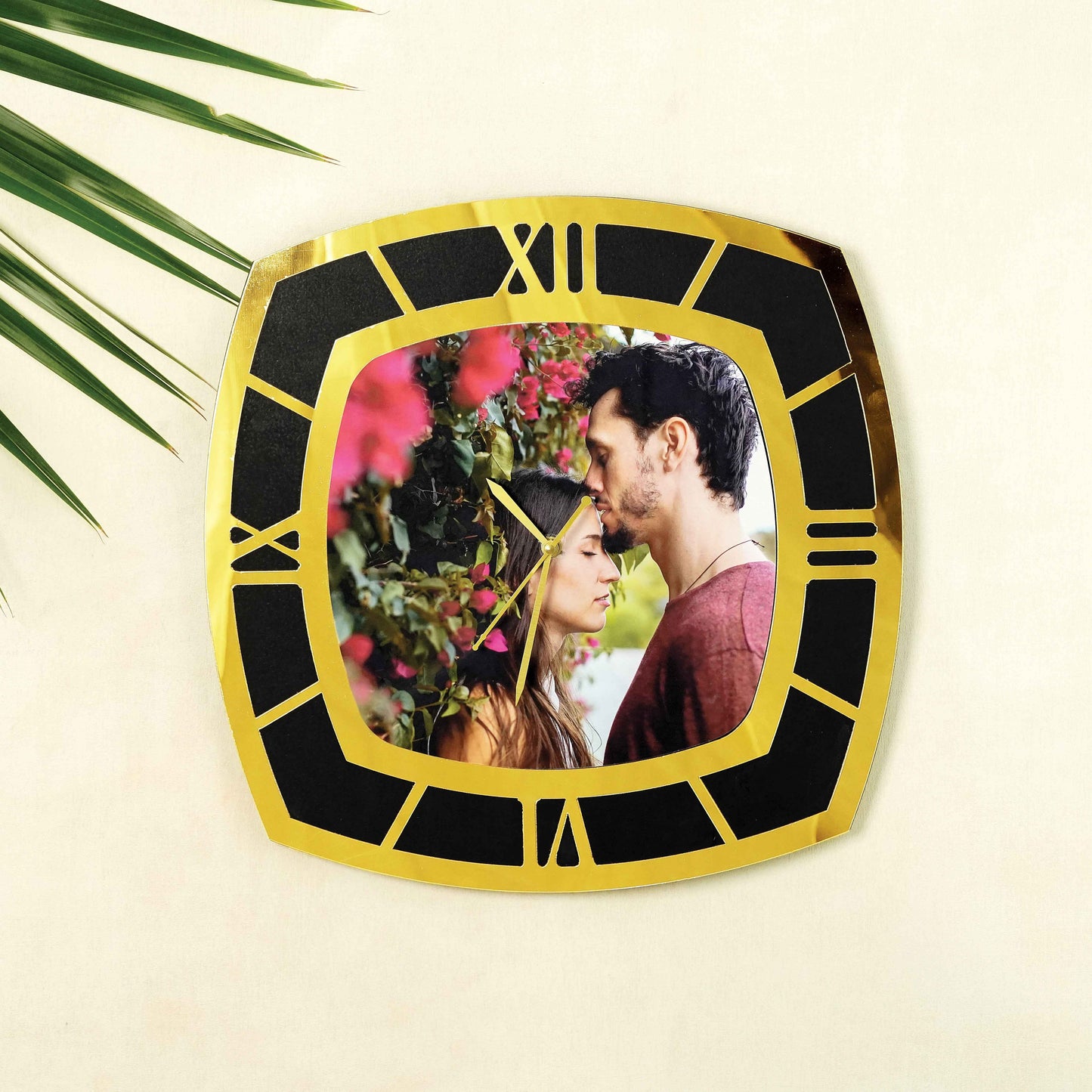 Large Personalized Curved Designer Wall Clock with Golden Mirror Finish – Custom Wall Clock with Your Photo & Text
