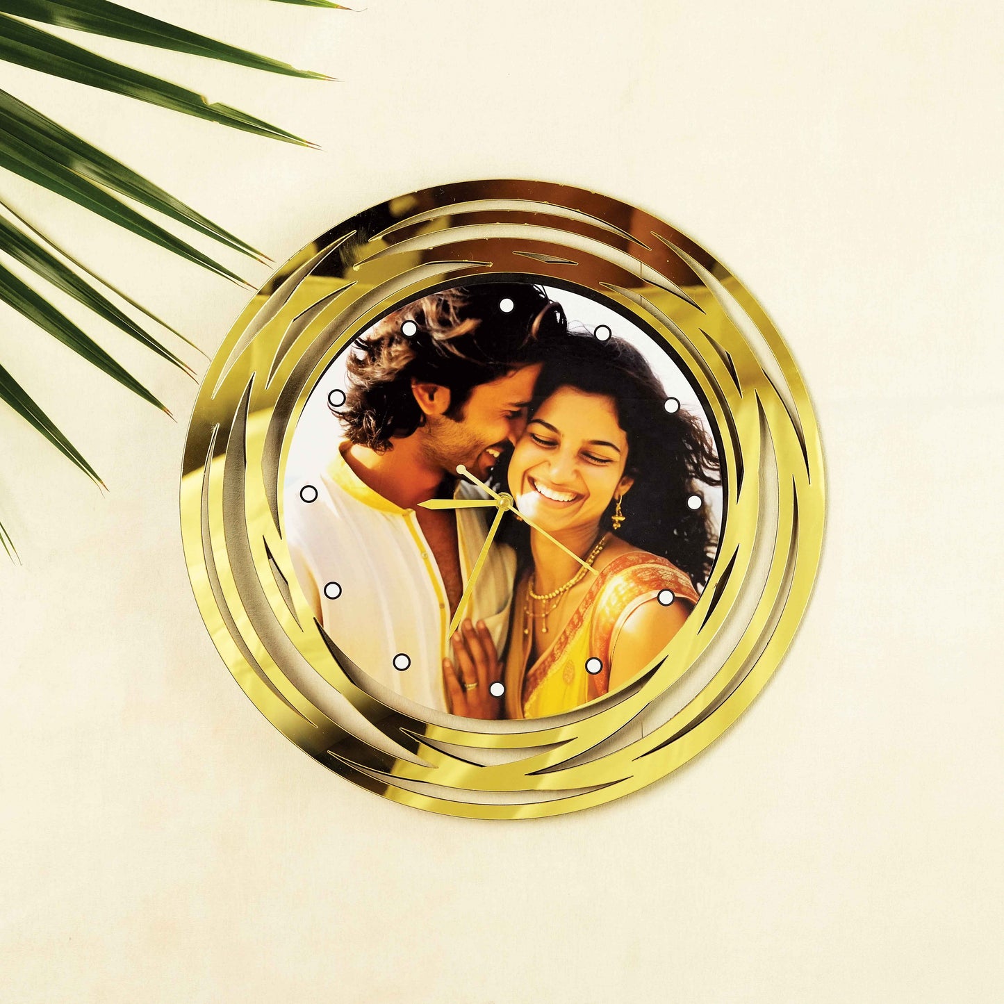 Large Personalized Round Designer Wall Clock with Golden Mirror – Custom Clock with Your Photo & Text