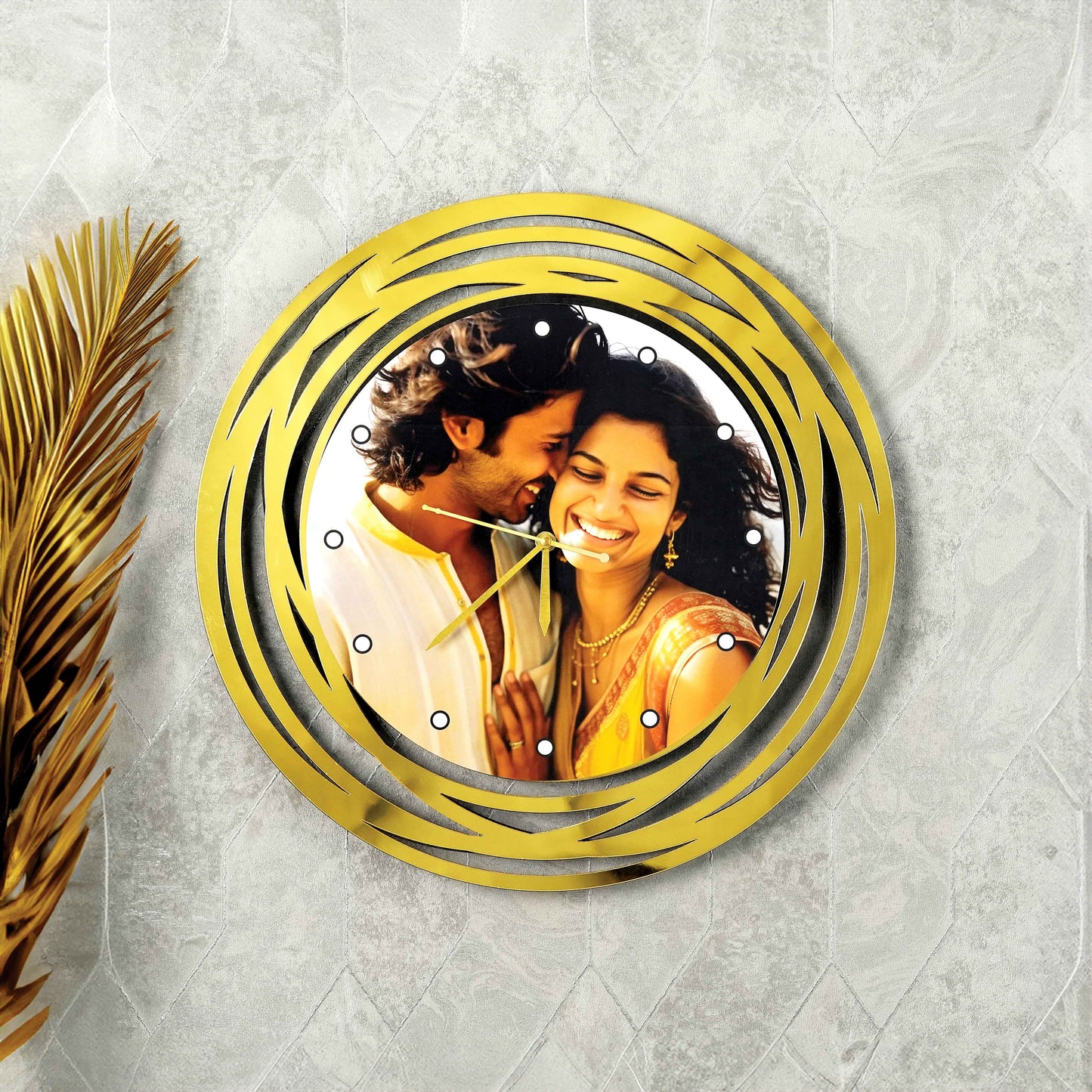 Large Personalized Round Designer Wall Clock with Golden Mirror – Custom Clock with Your Photo & Text