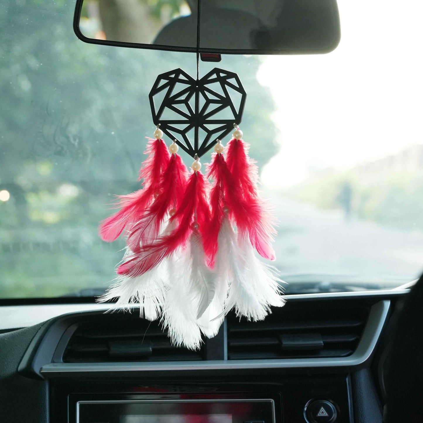 Geometric Heart Car Dream Catcher with Air Freshener – Red & White Feather Charm