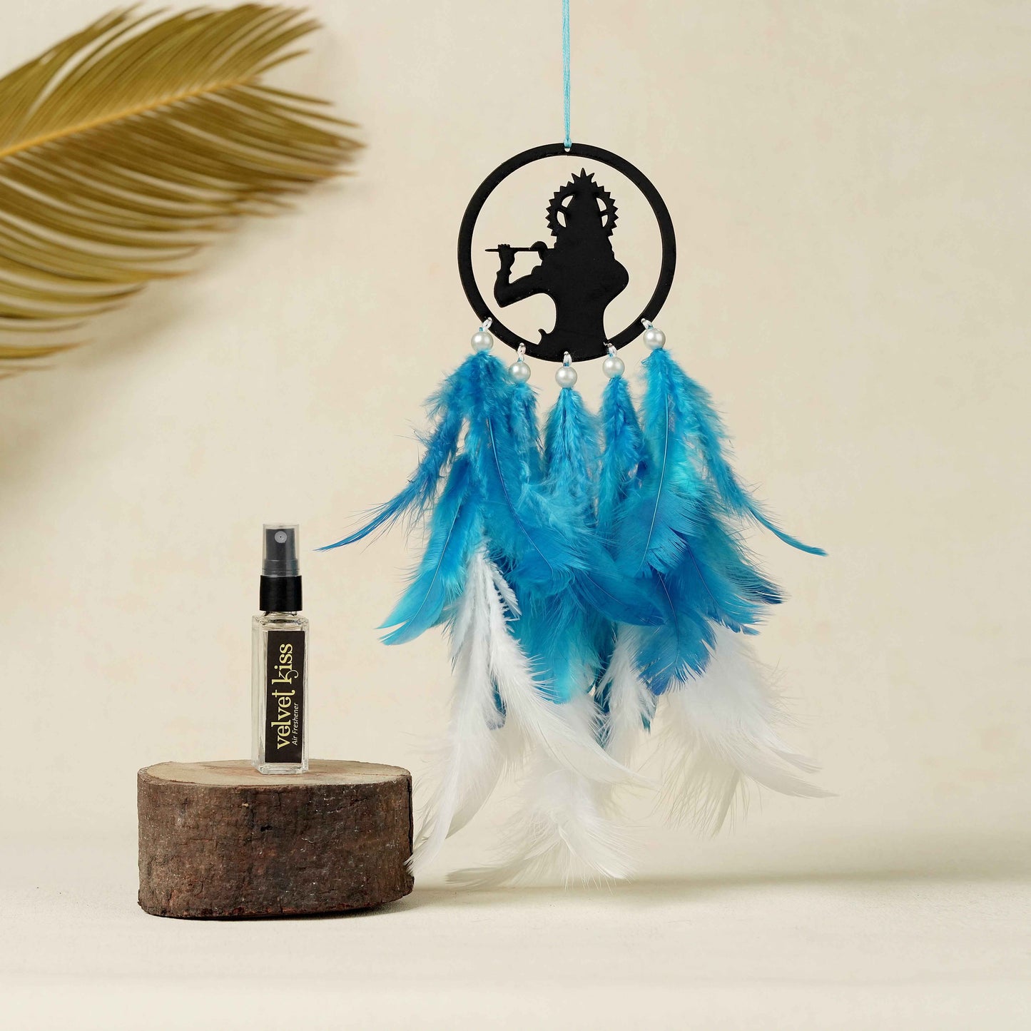 Lord Krishna Car Dream Catcher with Air Freshener – Blue & White Feather Theme