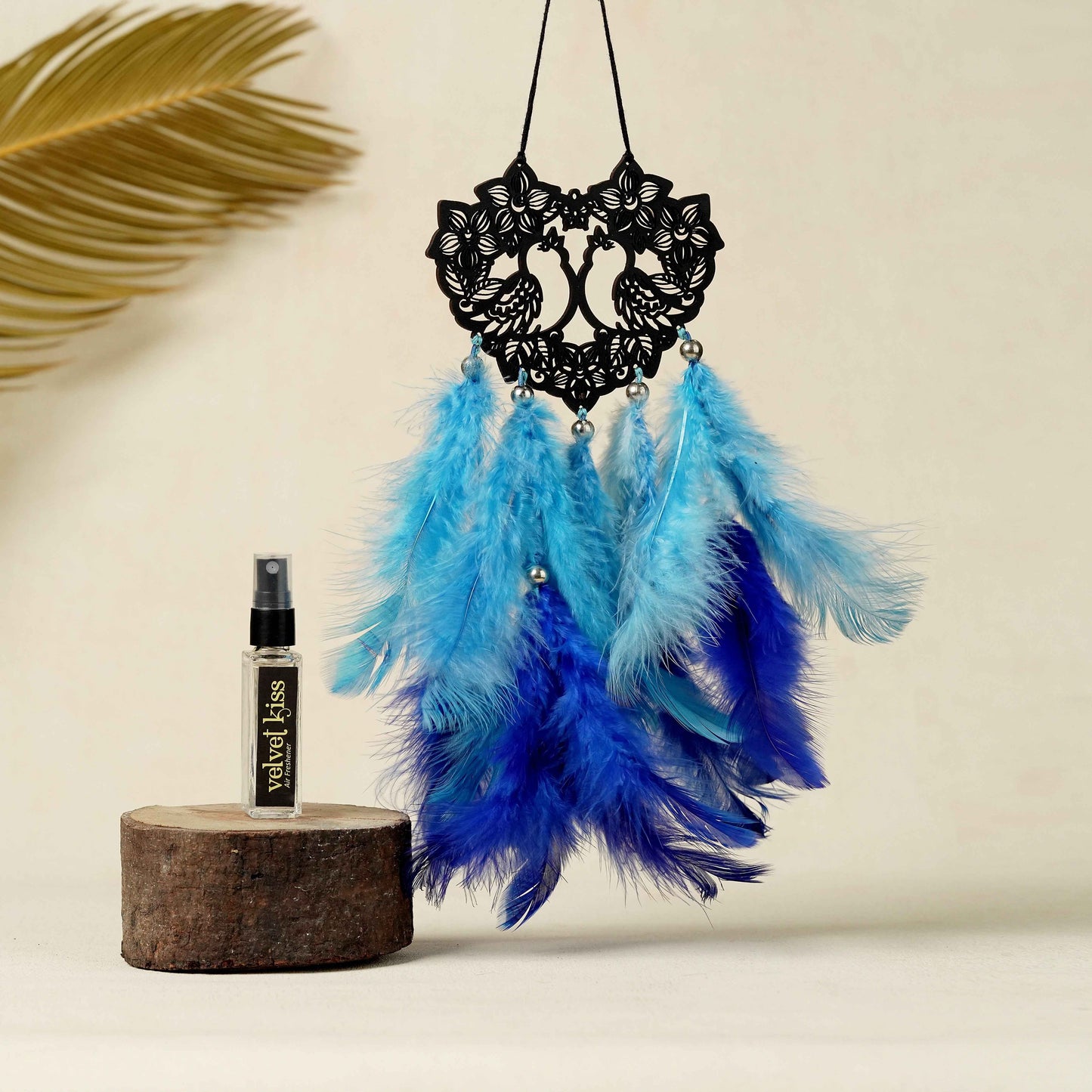 Love Birds Heart-Shaped Car Dream Catcher with Air Freshener – Blue Feather Theme