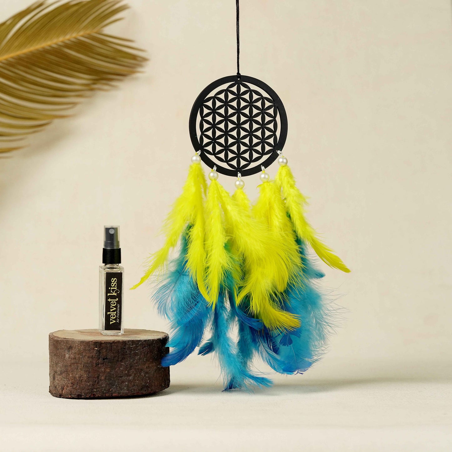 Designer Car Dream Catcher with Air Freshener – Blue & Yellow Feather Theme