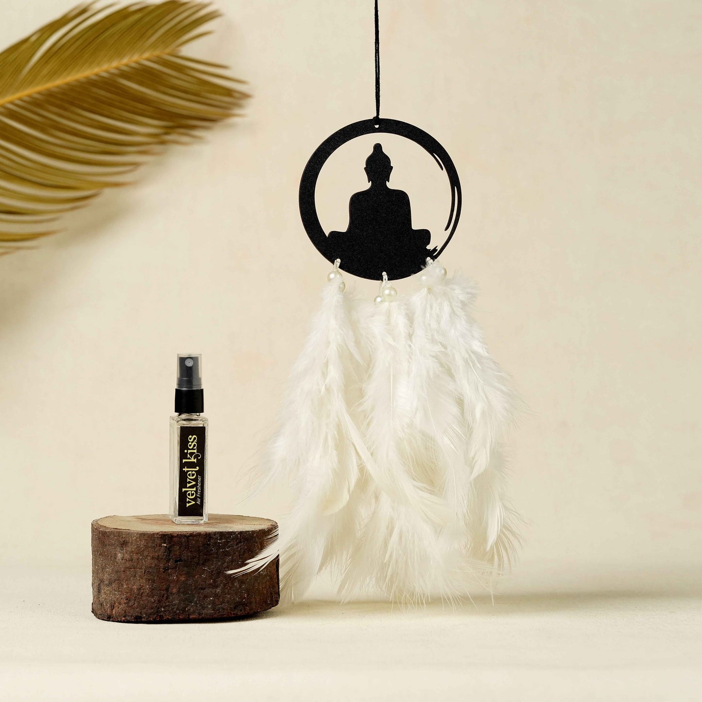 Lord Buddha Car Dream Catcher with Air Freshener – Peaceful White Feather Theme
